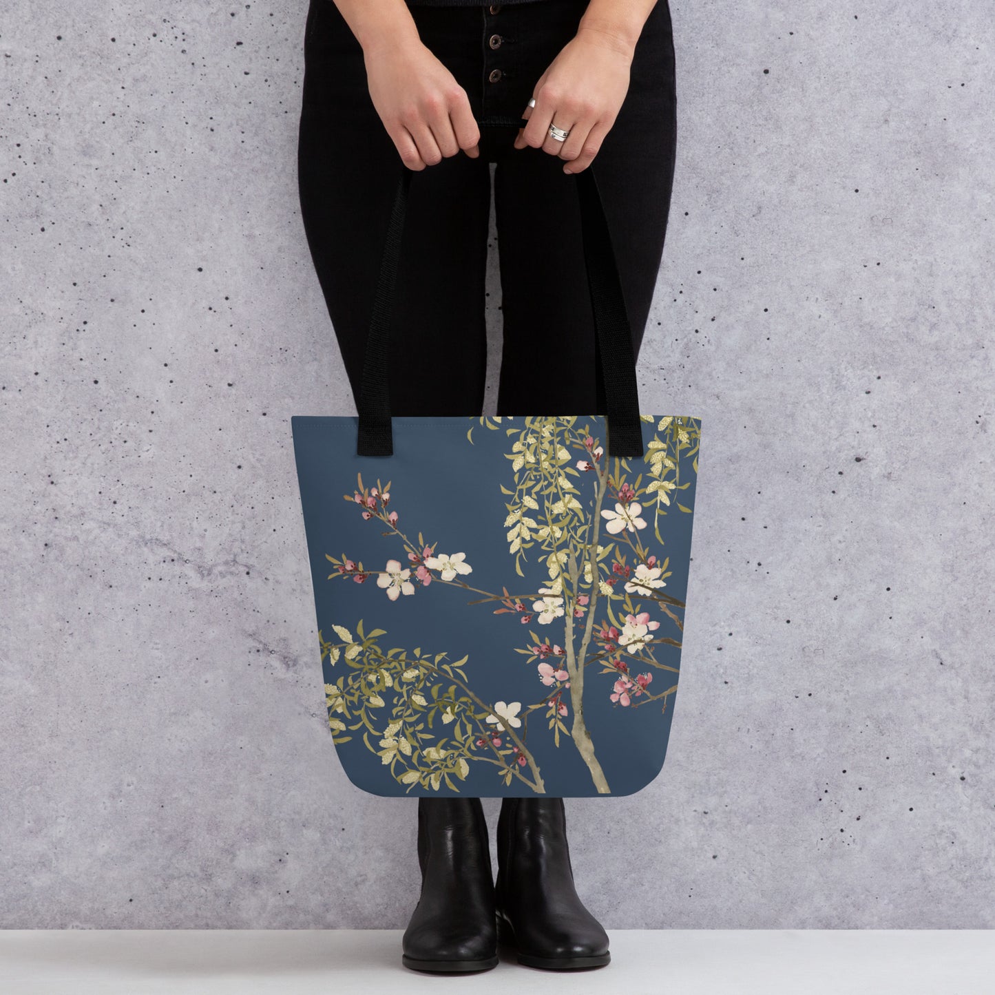 The Spirit of Flowers in Twelve Months｜Willow and Peach Blossom｜Tote bag｜Dark blue