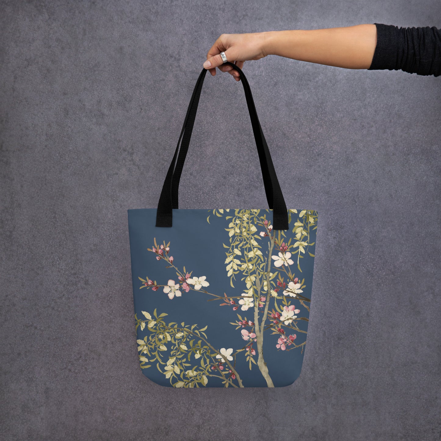 The Spirit of Flowers in Twelve Months｜Willow and Peach Blossom｜Tote bag｜Dark blue