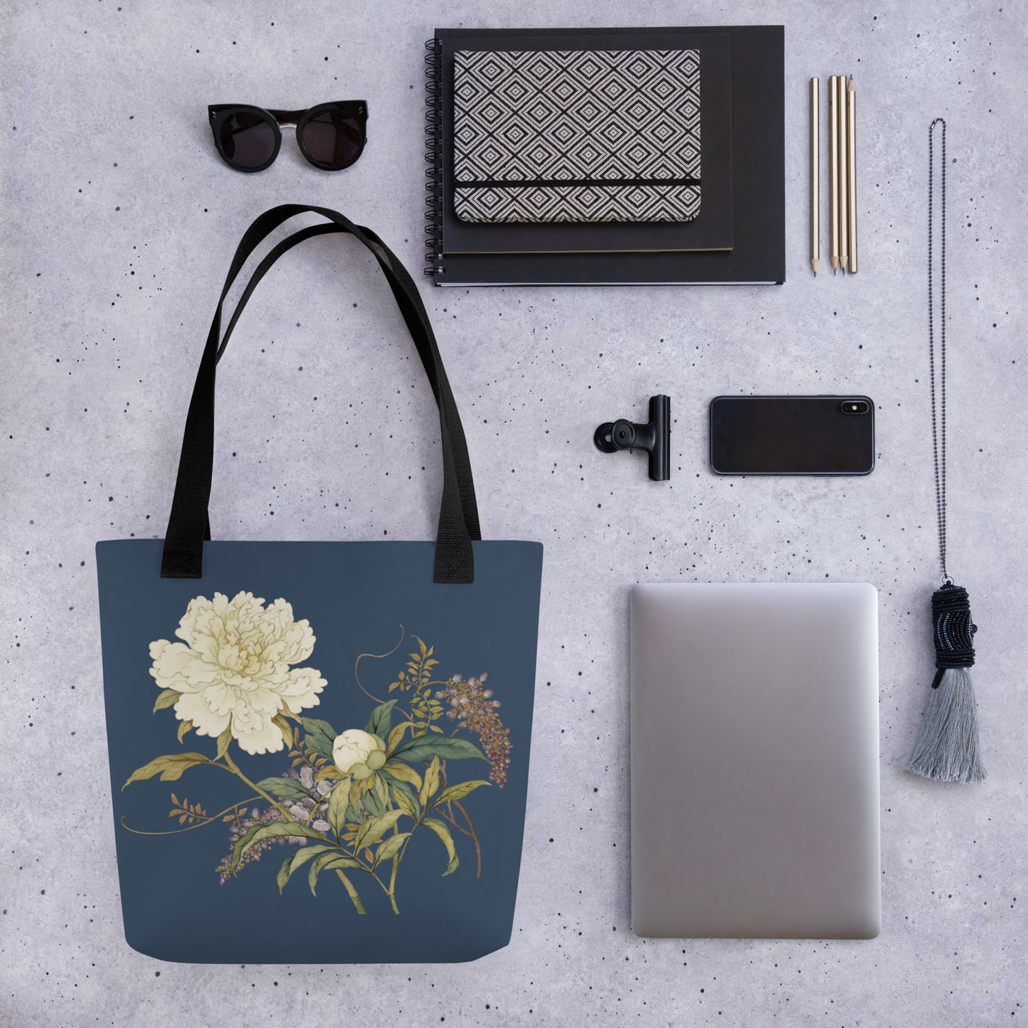 The Spirit of Flowers in Twelve Months｜Chinese Peony and Wisteria in Bloom｜Tote bag｜Dark blue