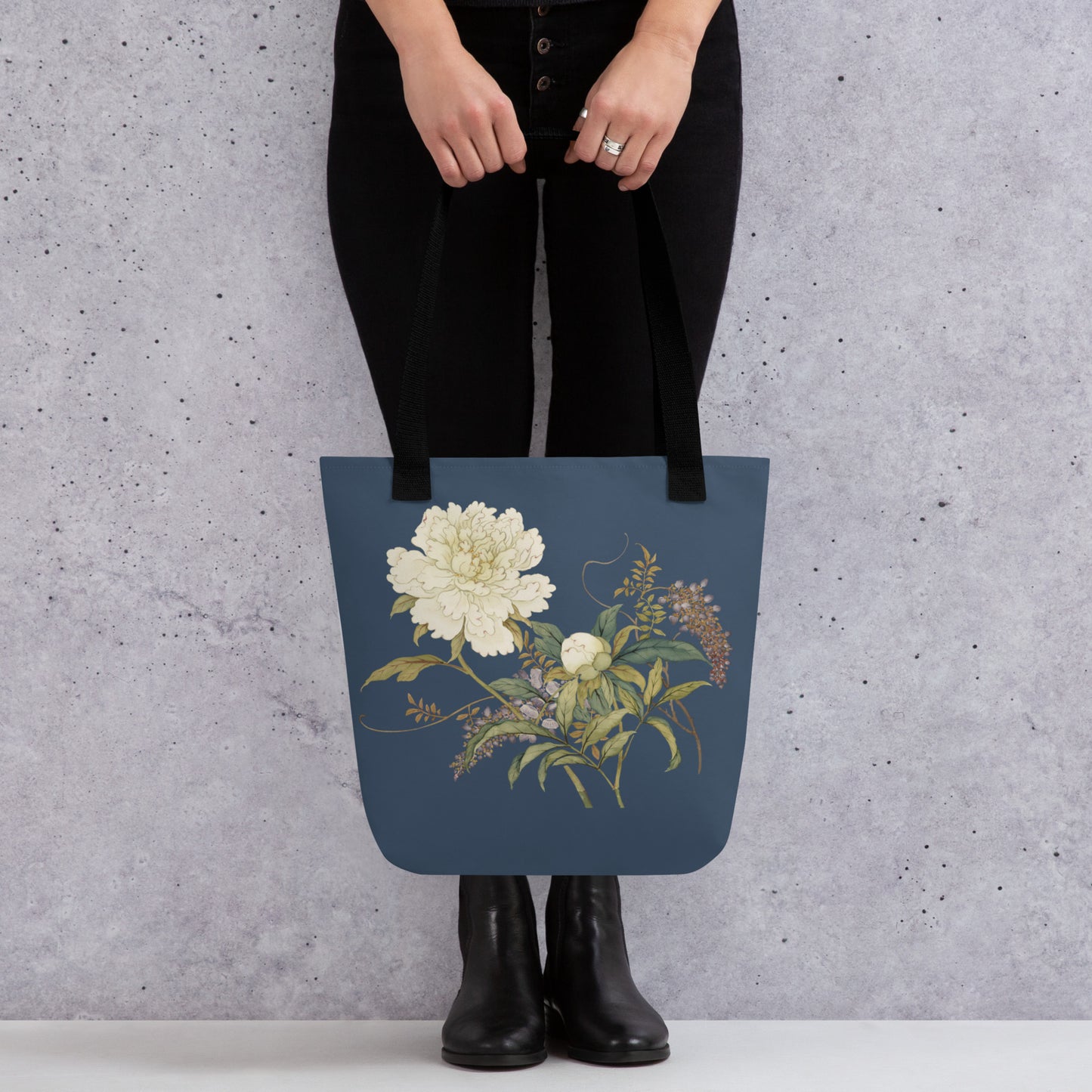 The Spirit of Flowers in Twelve Months｜Chinese Peony and Wisteria in Bloom｜Tote bag｜Dark blue