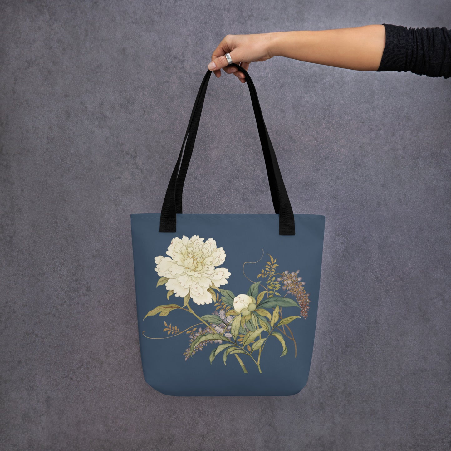 The Spirit of Flowers in Twelve Months｜Chinese Peony and Wisteria in Bloom｜Tote bag｜Dark blue