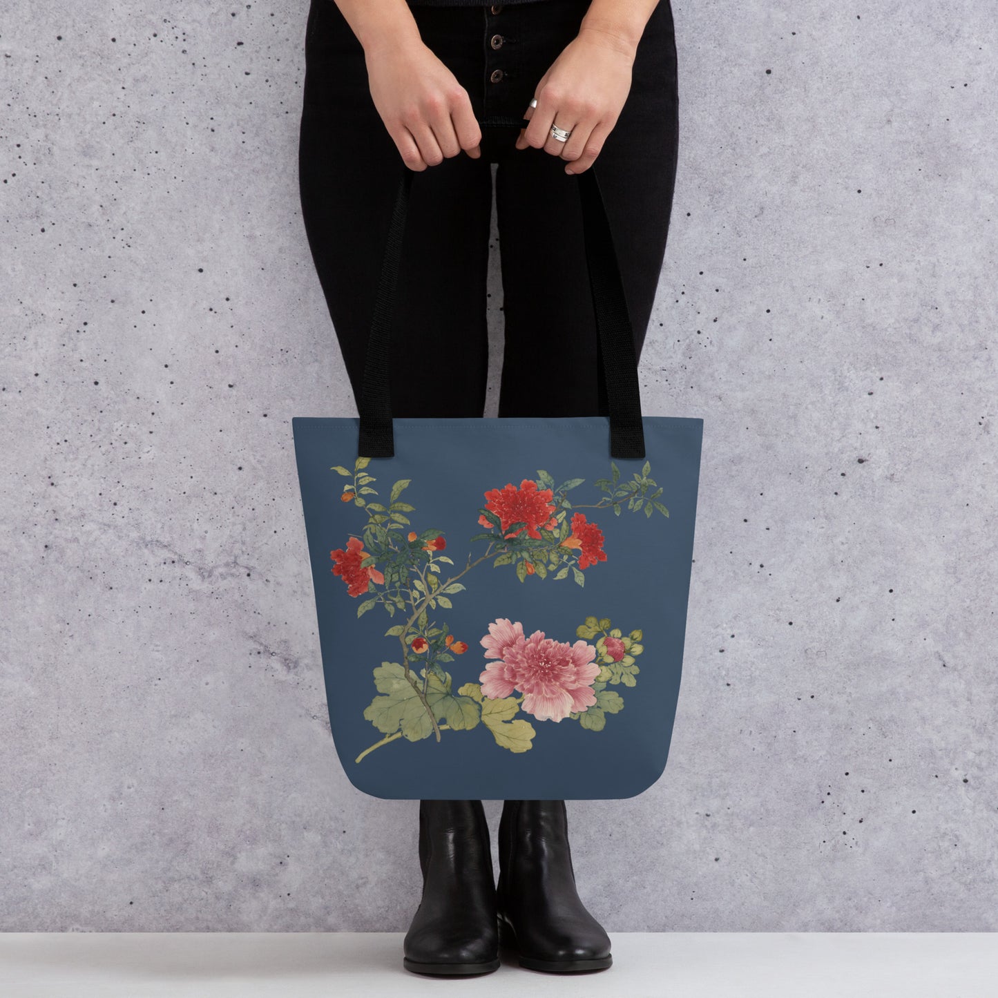 The Spirit of Flowers in Twelve Months｜Hollyhock and Pomegranate in Bloom｜Tote bag｜Dark blue