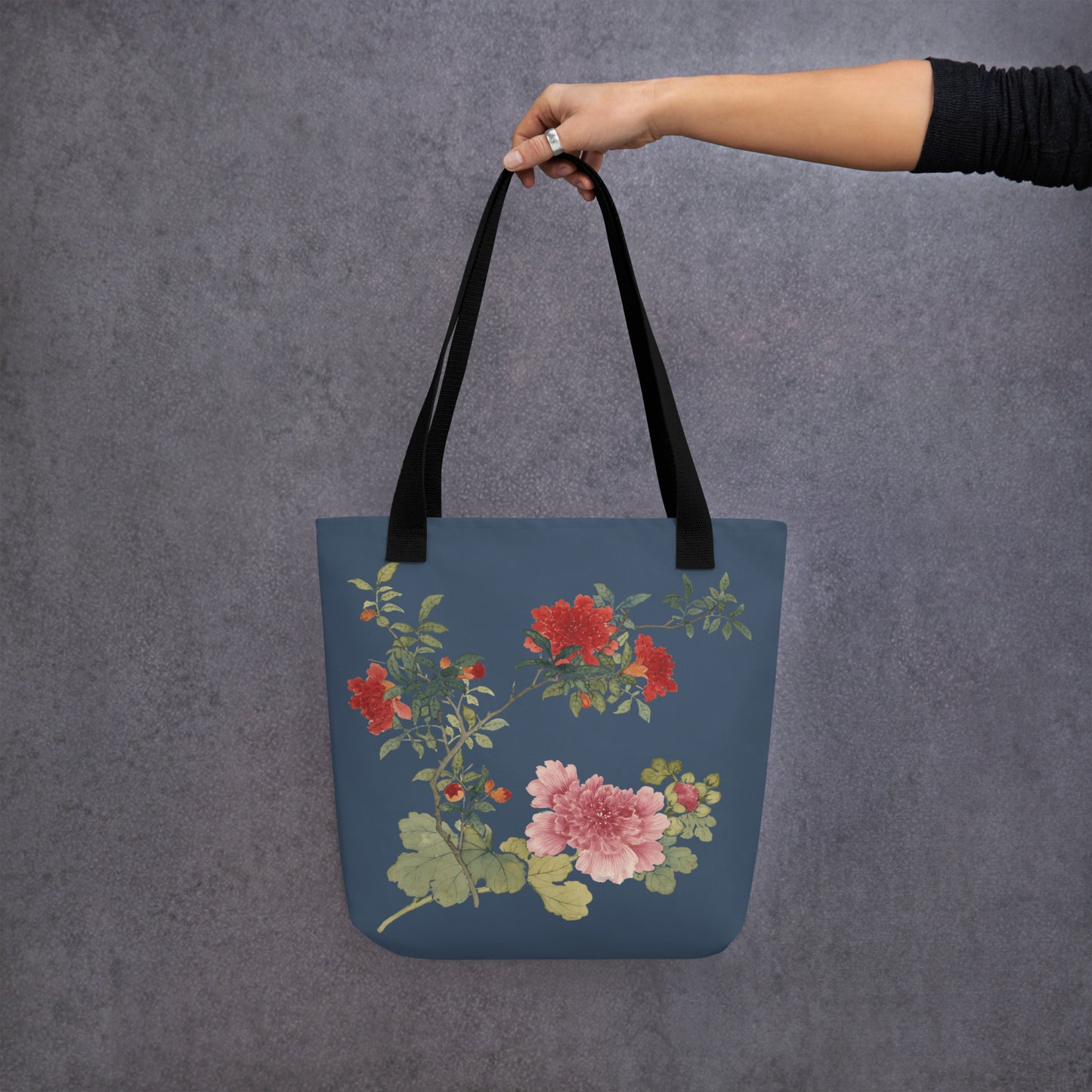 The Spirit of Flowers in Twelve Months｜Hollyhock and Pomegranate in Bloom｜Tote bag｜Dark blue