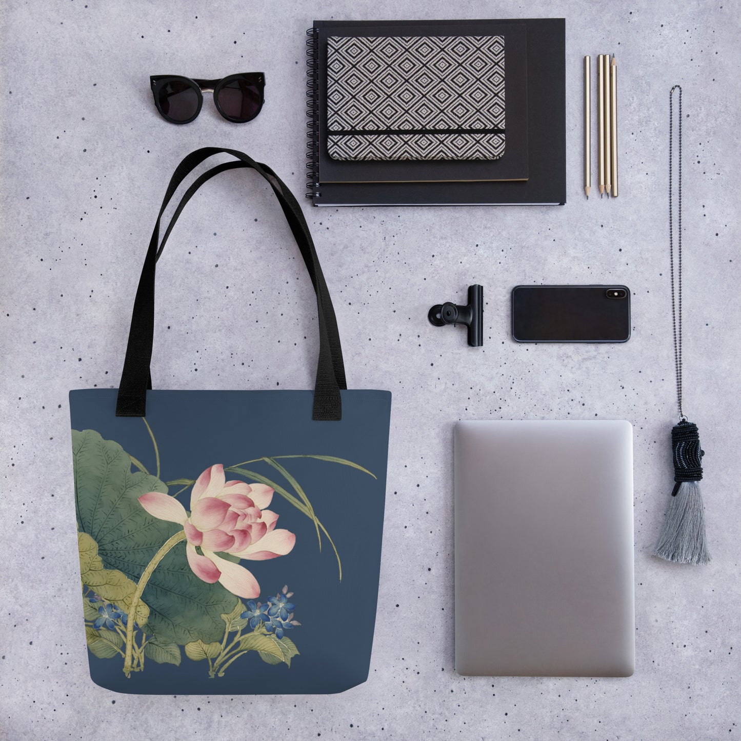 The Spirit of Flowers in Twelve Months｜Lotus in Bloom｜Tote bag｜Dark blue