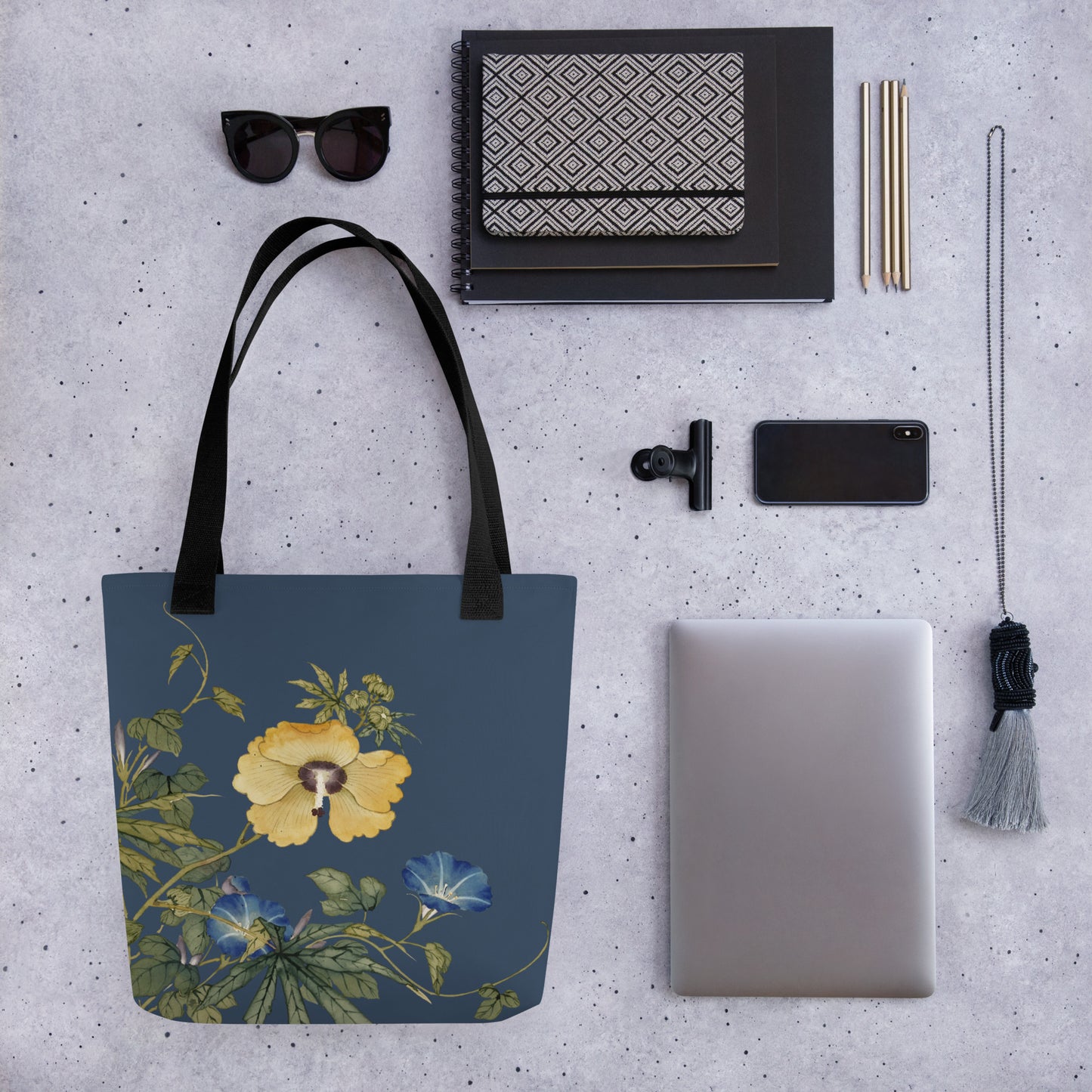 The Spirit of Flowers in Twelve Months｜Okra and White-edged Morning Glory in Bloom｜Tote bag｜Dark blue