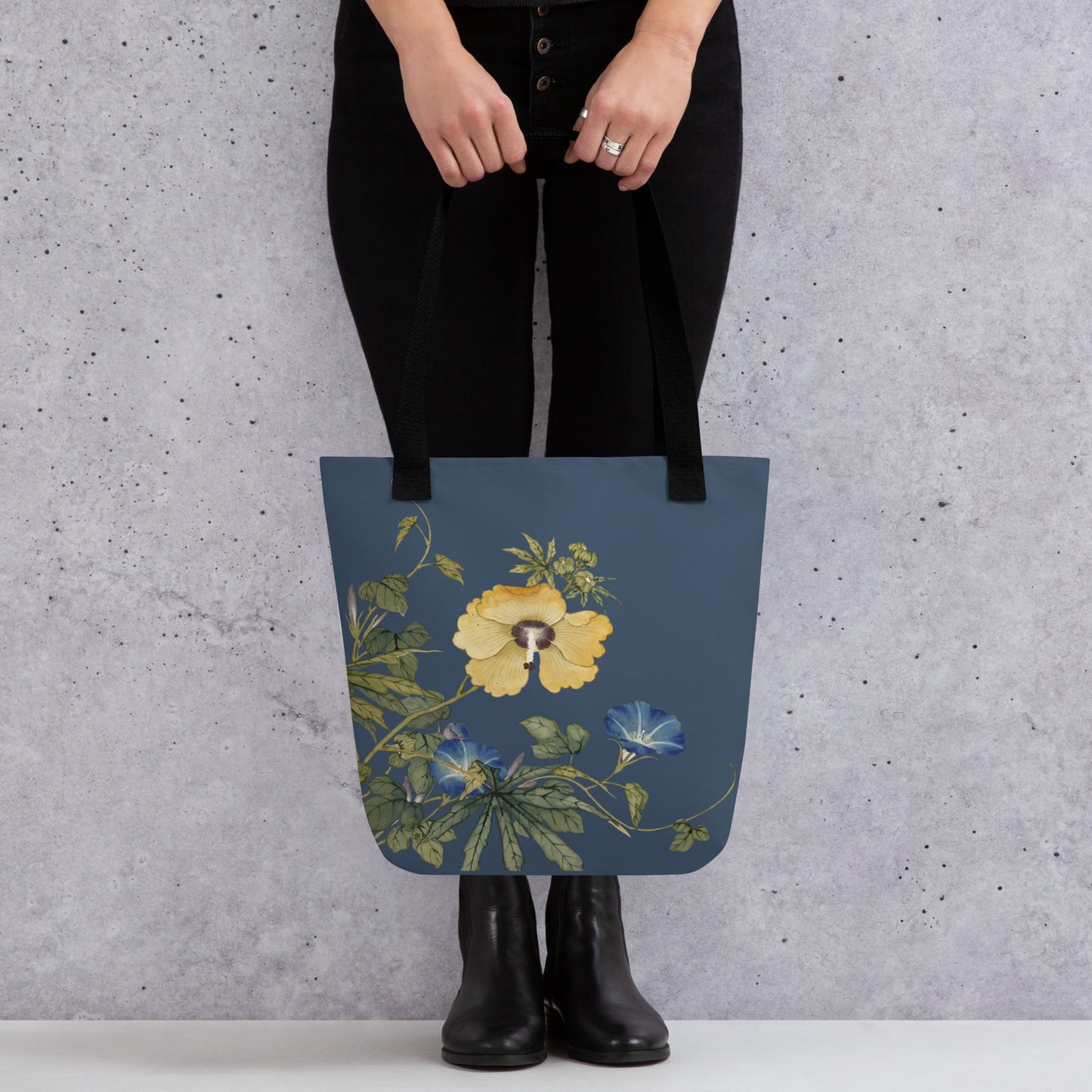 The Spirit of Flowers in Twelve Months｜Okra and White-edged Morning Glory in Bloom｜Tote bag｜Dark blue