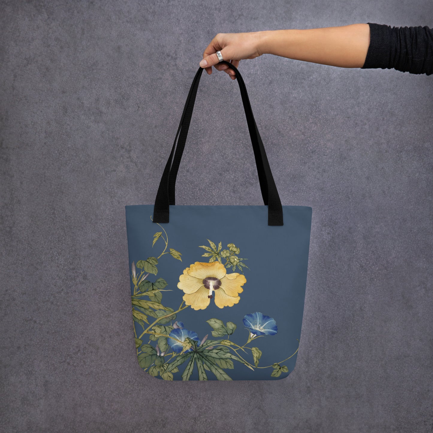 The Spirit of Flowers in Twelve Months｜Okra and White-edged Morning Glory in Bloom｜Tote bag｜Dark blue