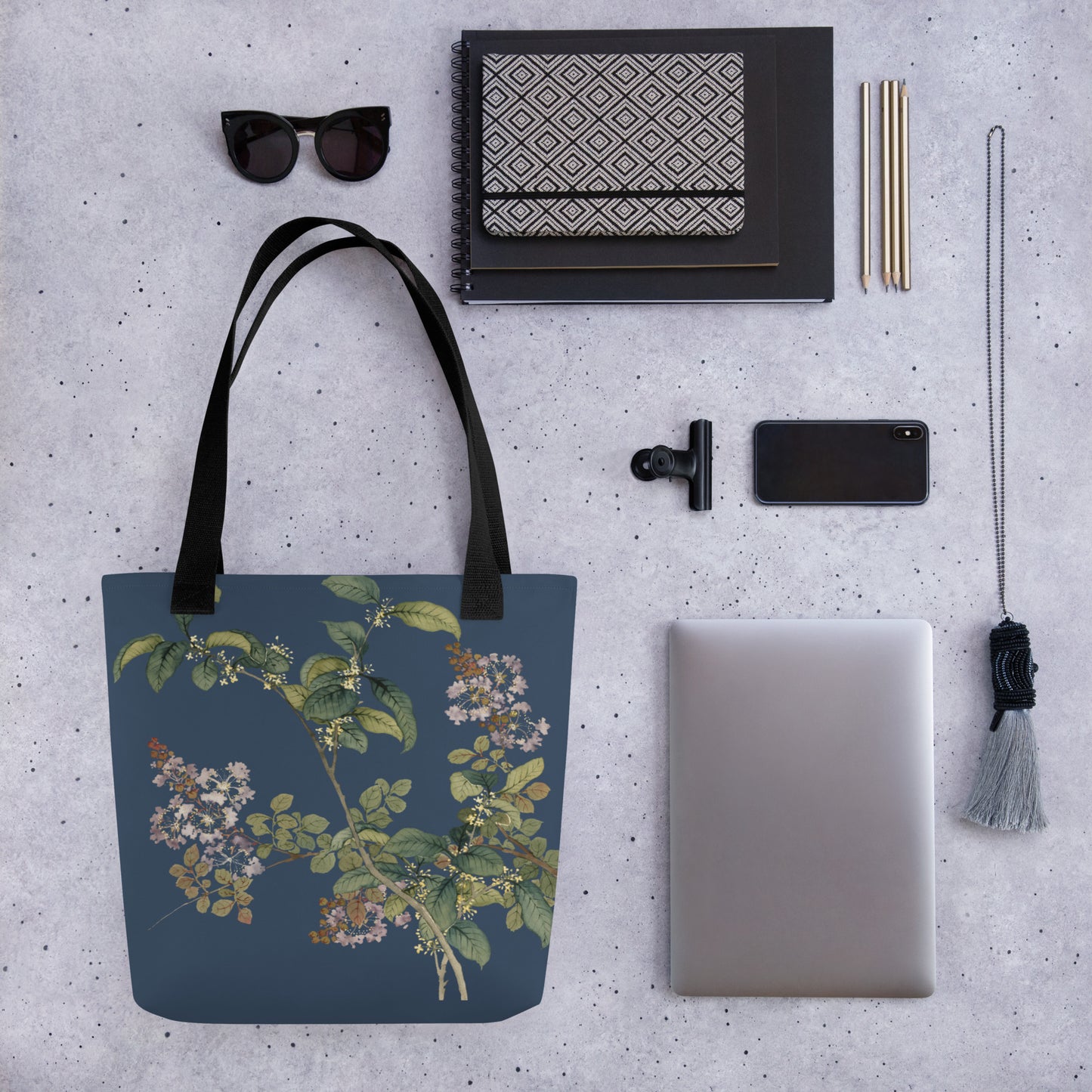 The Spirit of Flowers in Twelve Months｜Osmanthus and Crape Myrtle in Bloom｜Tote bag｜Dark blue