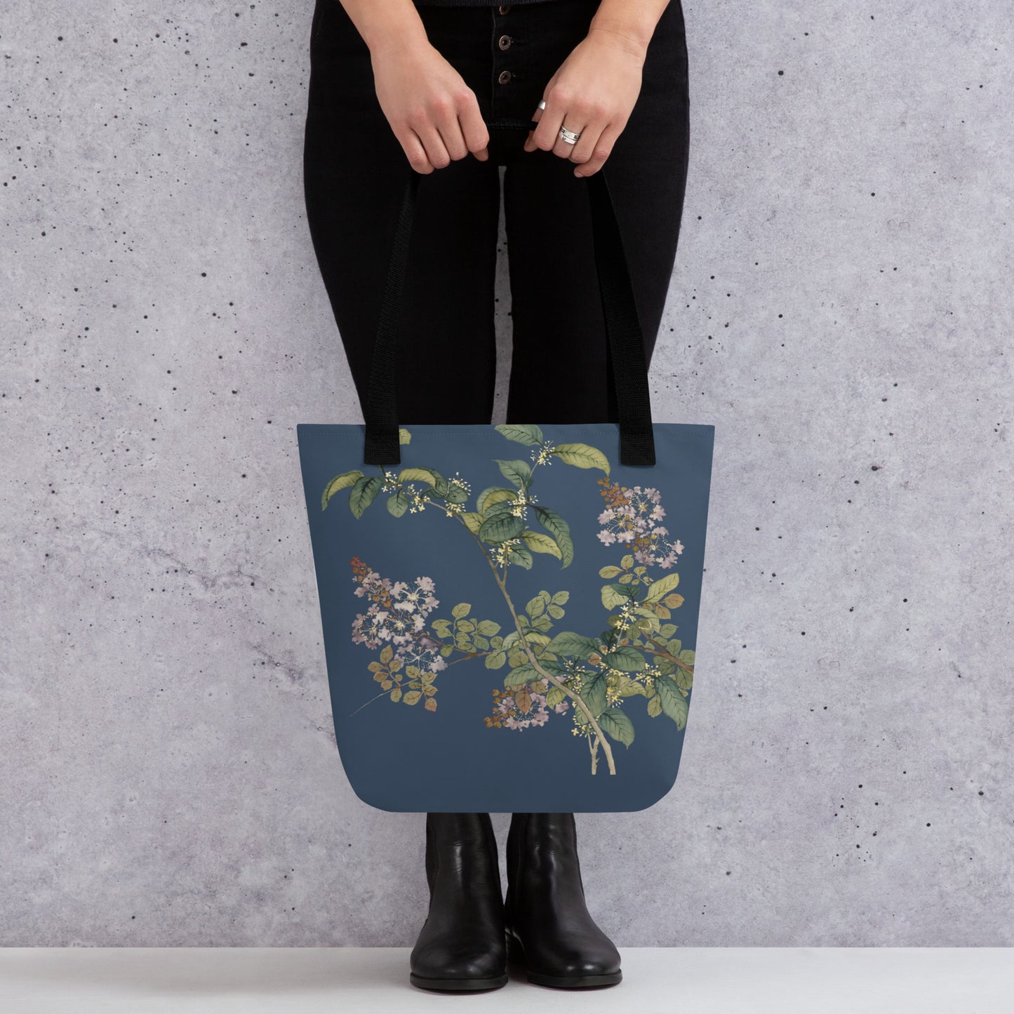 The Spirit of Flowers in Twelve Months｜Osmanthus and Crape Myrtle in Bloom｜Tote bag｜Dark blue