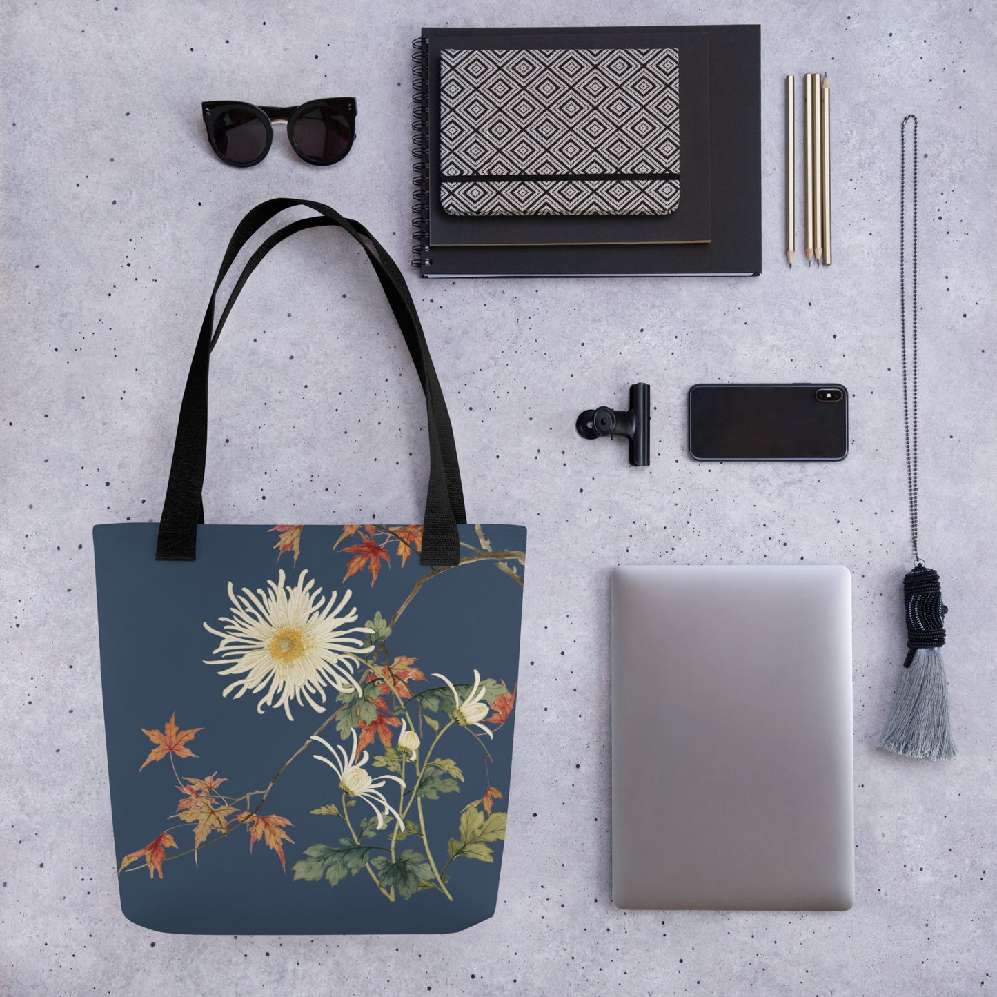 The Spirit of Flowers in Twelve Months｜Blooming Chrysanthemum and Maple Leaves｜Tote bag｜Dark blue