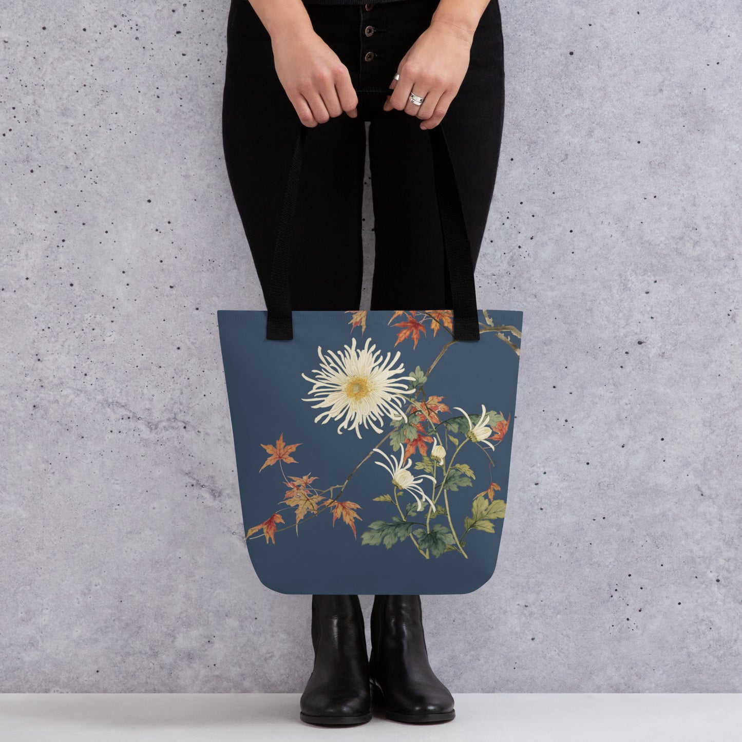 The Spirit of Flowers in Twelve Months｜Blooming Chrysanthemum and Maple Leaves｜Tote bag｜Dark blue