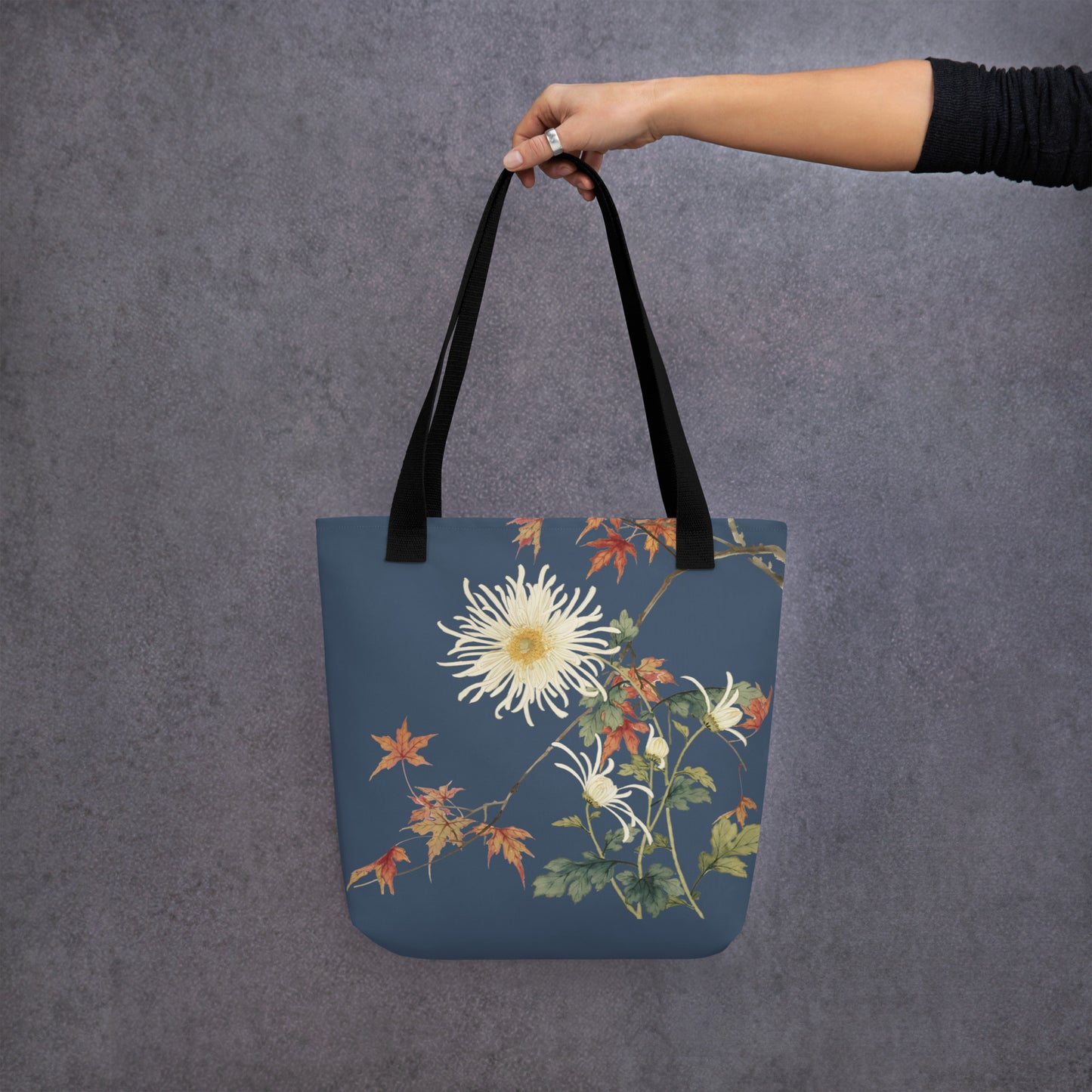 The Spirit of Flowers in Twelve Months｜Blooming Chrysanthemum and Maple Leaves｜Tote bag｜Dark blue