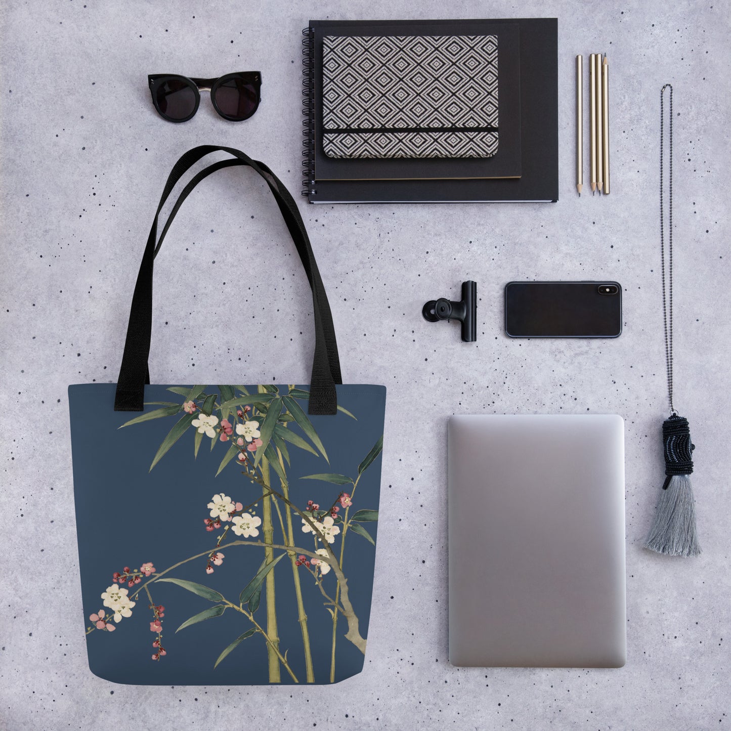 The Spirit of Flowers in Twelve Months｜Crimson Plum Blossom and Lush Green Bamboo｜Tote bag｜Dark blue