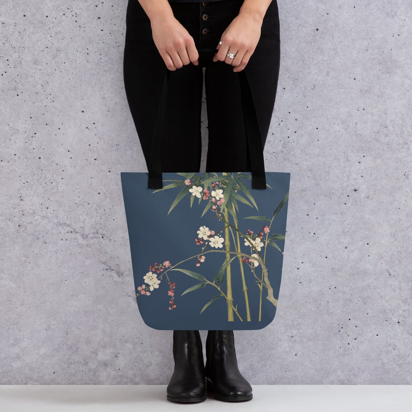 The Spirit of Flowers in Twelve Months｜Crimson Plum Blossom and Lush Green Bamboo｜Tote bag｜Dark blue