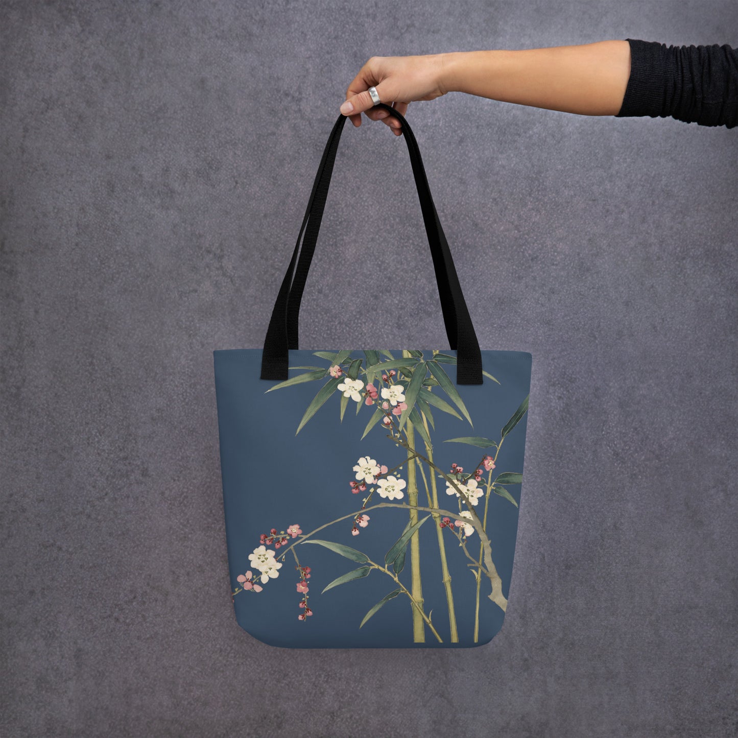 The Spirit of Flowers in Twelve Months｜Crimson Plum Blossom and Lush Green Bamboo｜Tote bag｜Dark blue