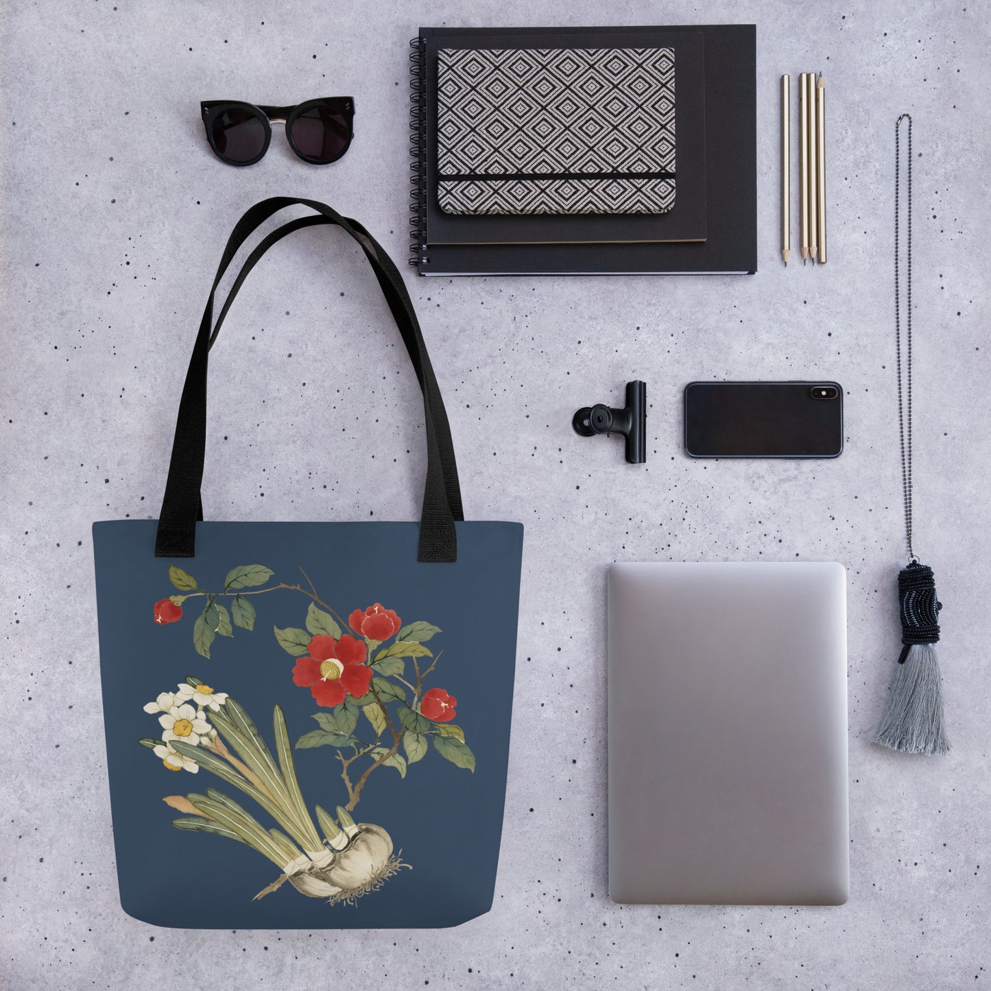 The Spirit of Flowers in Twelve Months｜Narcissus and Camelia in Bloom｜Tote bag｜Dark blue