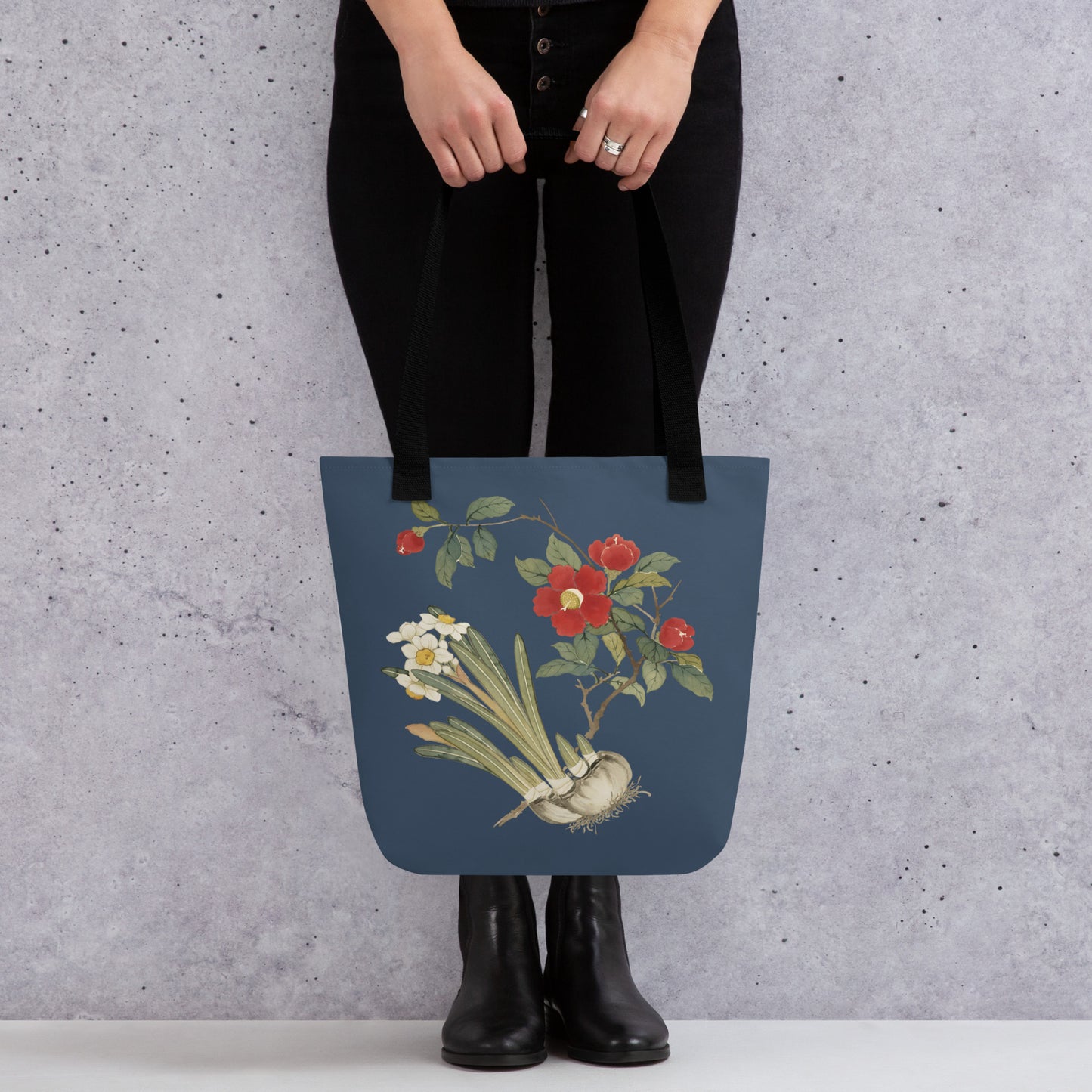 The Spirit of Flowers in Twelve Months｜Narcissus and Camelia in Bloom｜Tote bag｜Dark blue