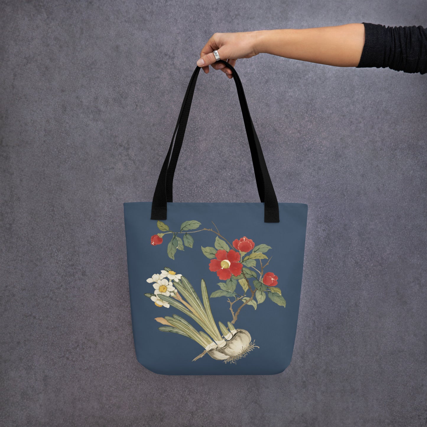 The Spirit of Flowers in Twelve Months｜Narcissus and Camelia in Bloom｜Tote bag｜Dark blue