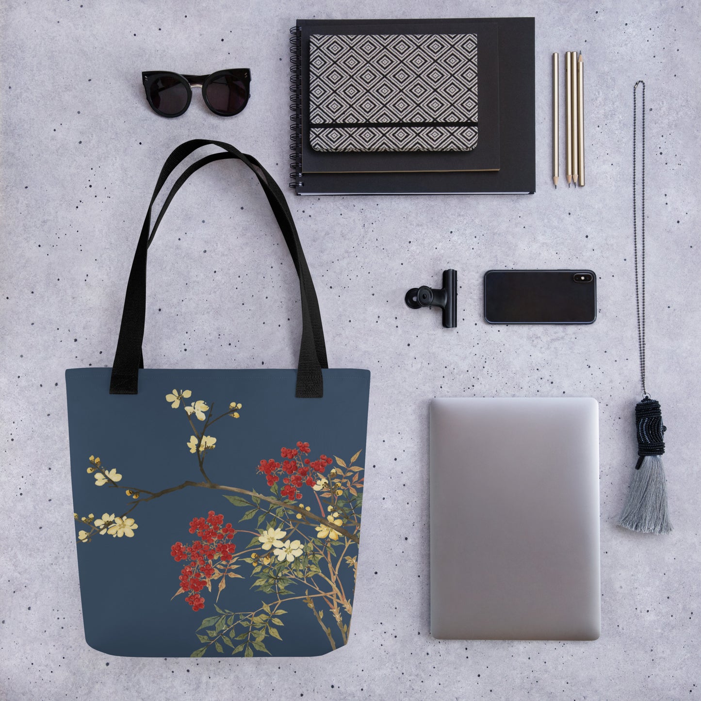 The Spirit of Flowers in Twelve Months｜Blooming Wintersweet and Heavenly Bamboo｜Tote bag｜Dark blue