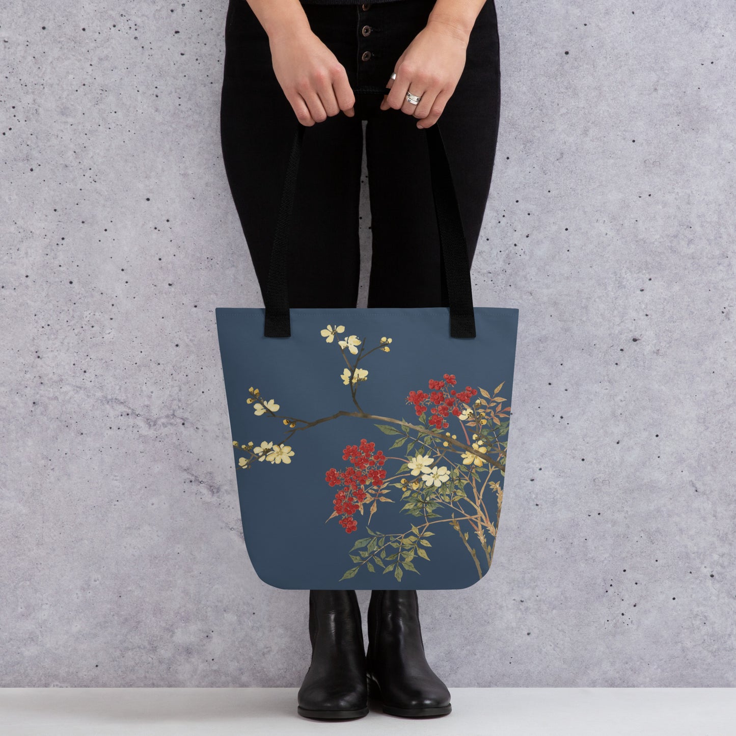 The Spirit of Flowers in Twelve Months｜Blooming Wintersweet and Heavenly Bamboo｜Tote bag｜Dark blue