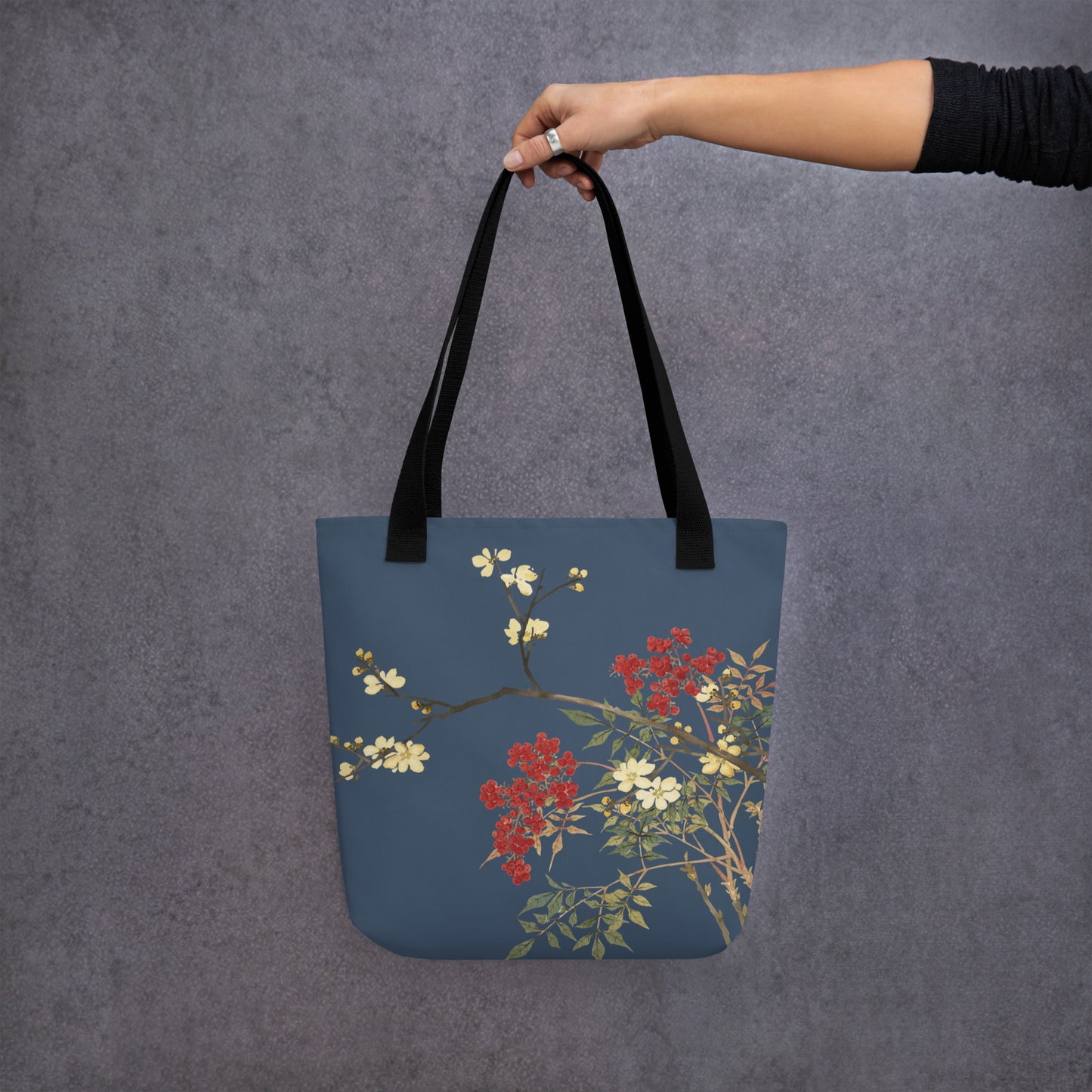 The Spirit of Flowers in Twelve Months｜Blooming Wintersweet and Heavenly Bamboo｜Tote bag｜Dark blue