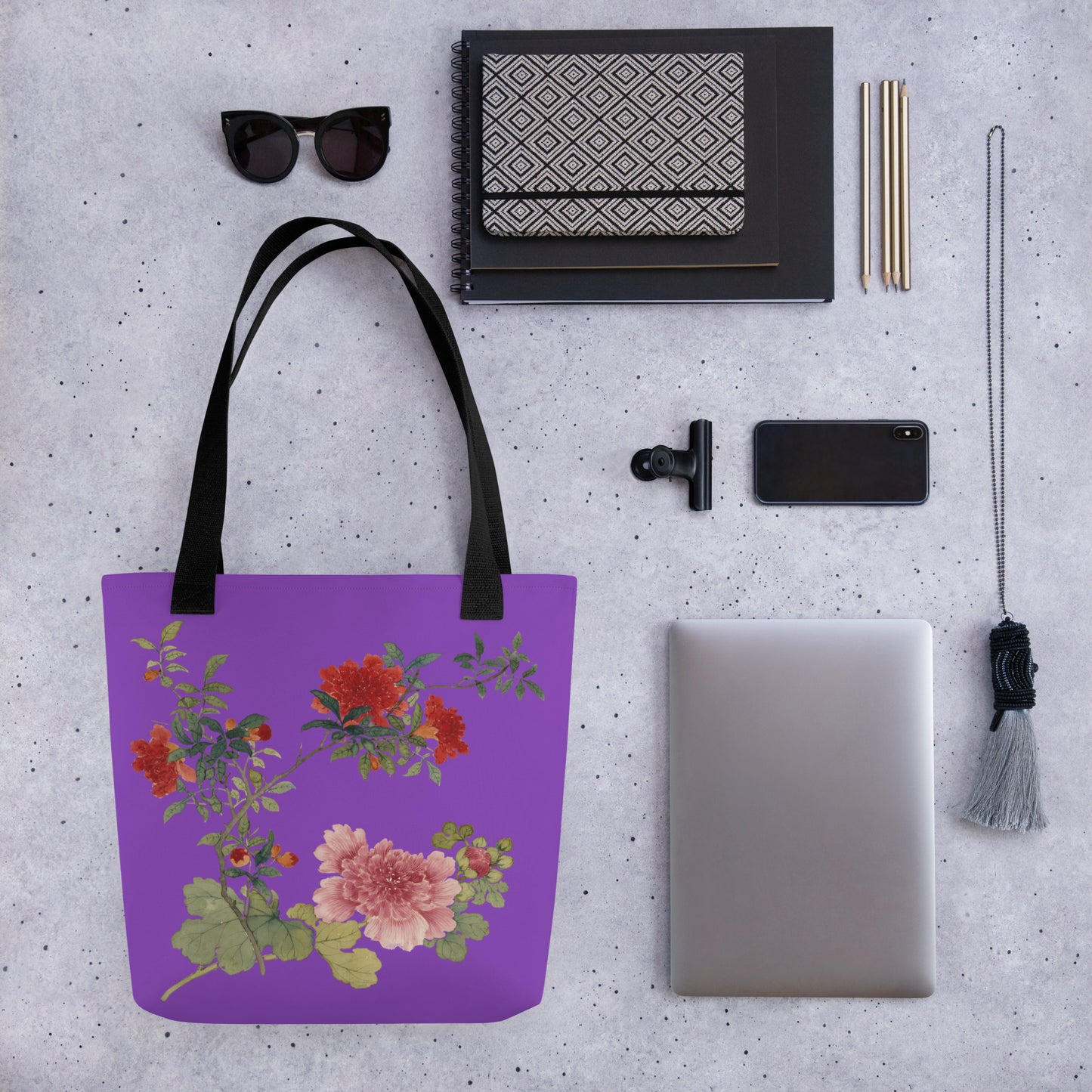 The Spirit of Flowers in Twelve Months｜Hollyhock and Pomegranate in Bloom｜Tote bag｜Purple