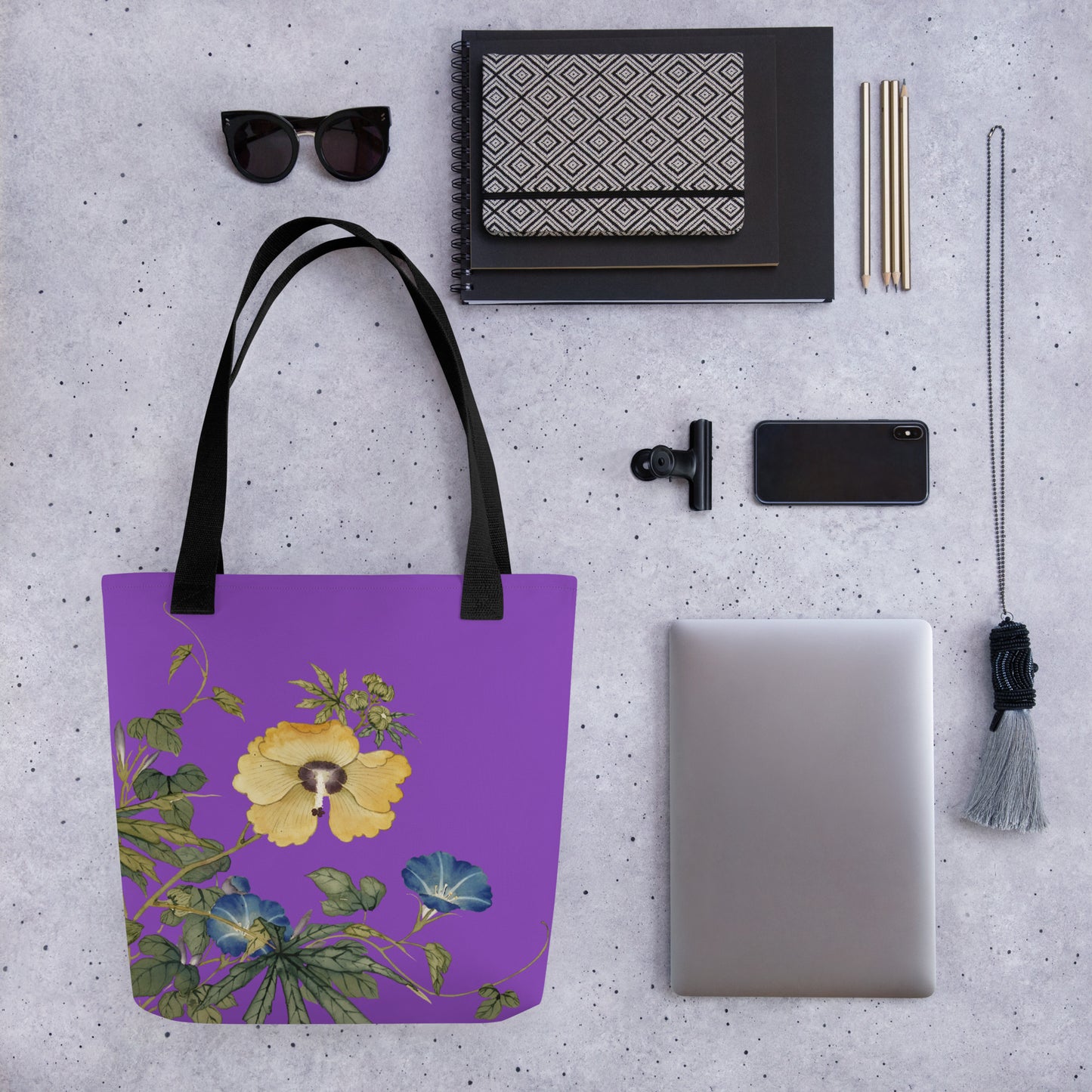 The Spirit of Flowers in Twelve Months｜Okra and White-edged Morning Glory in Bloom｜Tote bag｜Purple