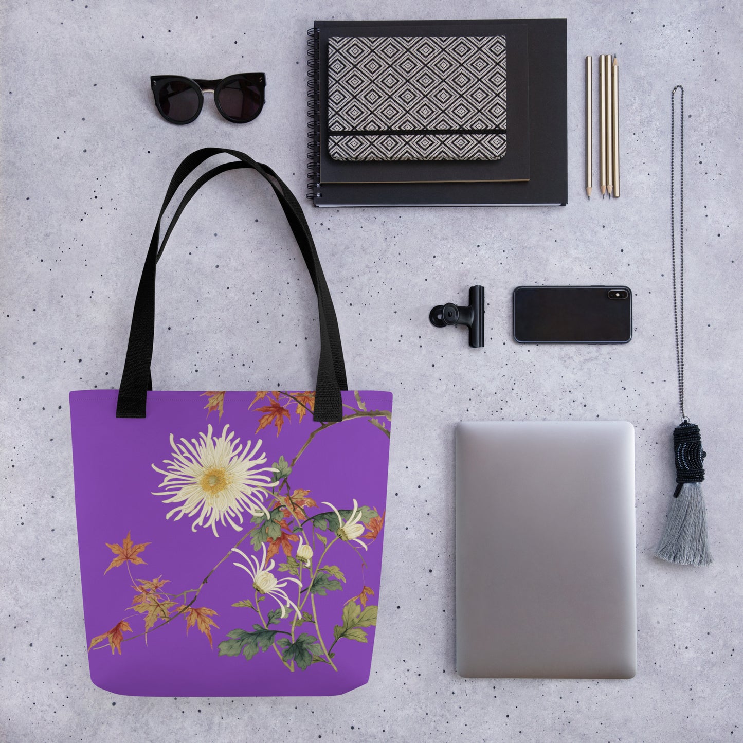 The Spirit of Flowers in Twelve Months｜Blooming Chrysanthemum and Maple Leaves｜Tote bag｜Purple