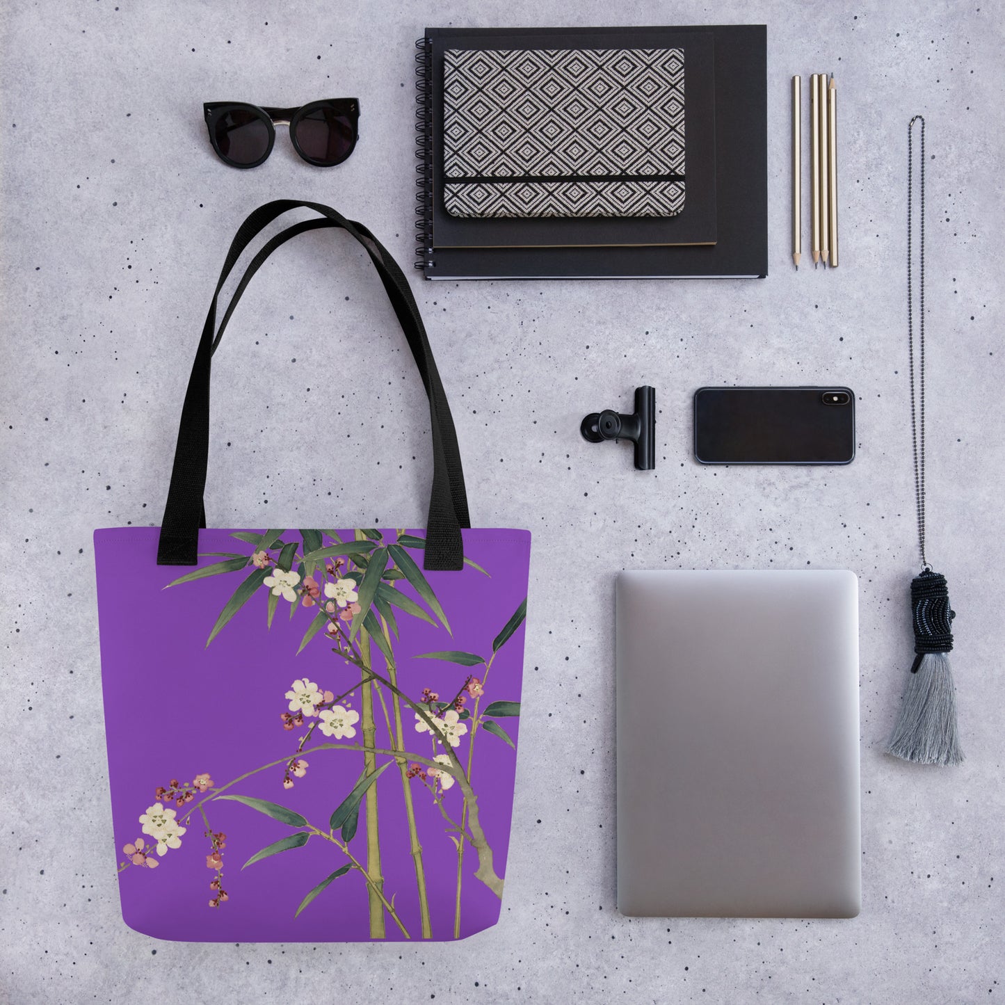 The Spirit of Flowers in Twelve Months｜Crimson Plum Blossom and Lush Green Bamboo｜Tote bag｜Purple