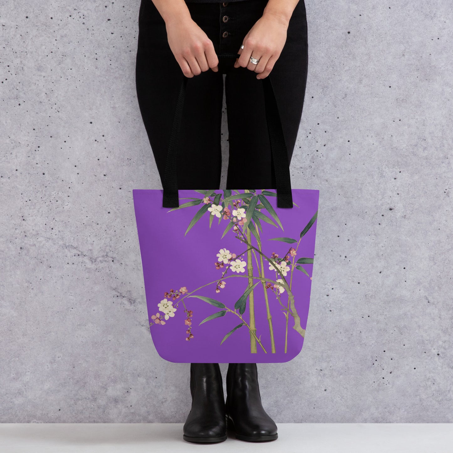 The Spirit of Flowers in Twelve Months｜Crimson Plum Blossom and Lush Green Bamboo｜Tote bag｜Purple