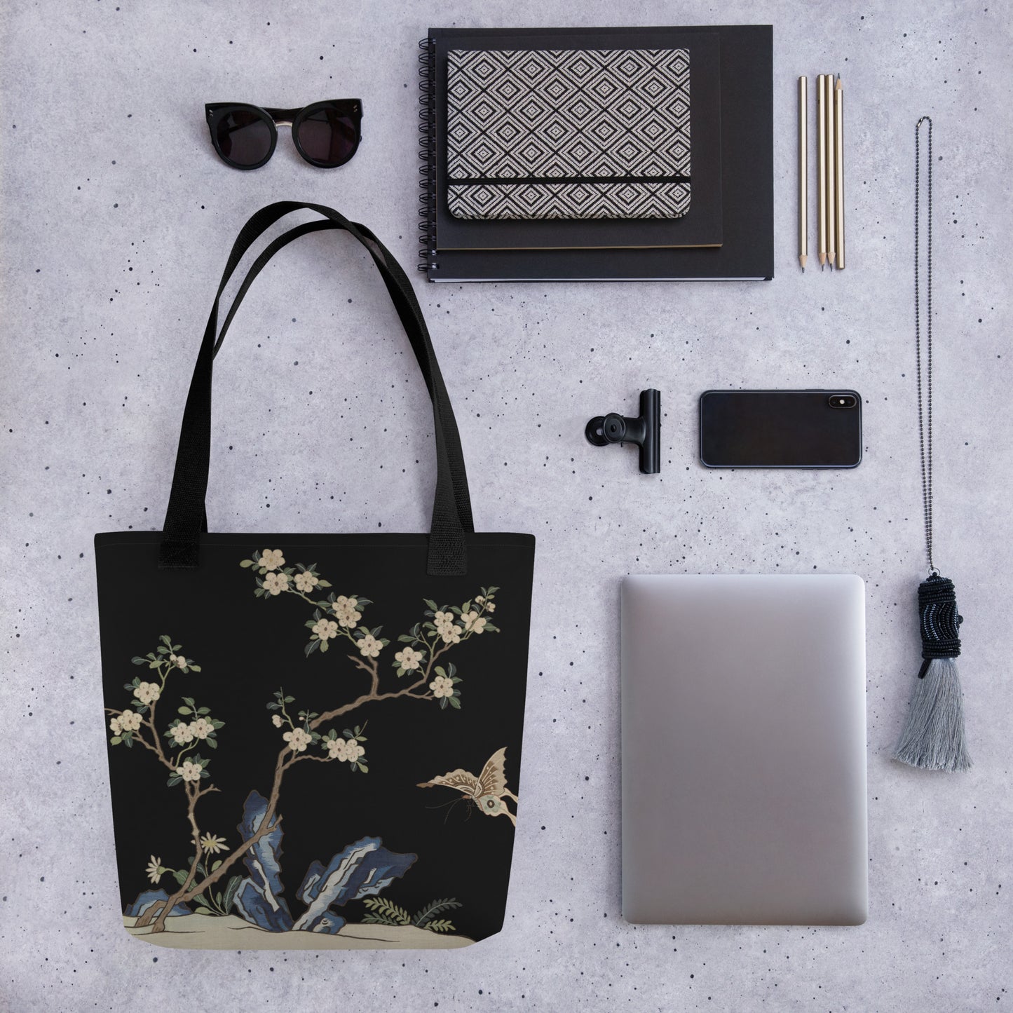 Kesi Flower Album｜White Plum Blossoms and Butterfly｜Tote bag｜Black