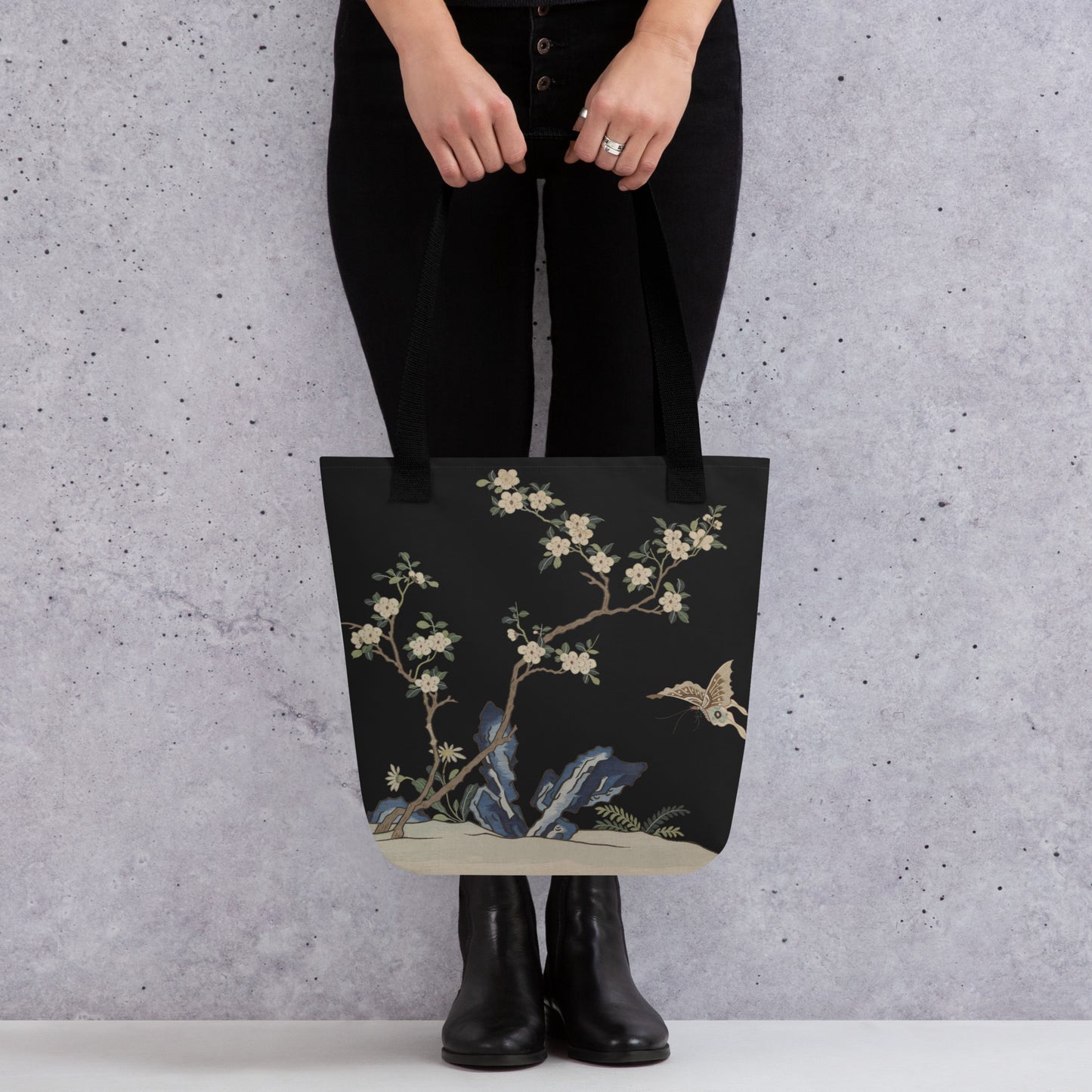 Kesi Flower Album｜White Plum Blossoms and Butterfly｜Tote bag｜Black