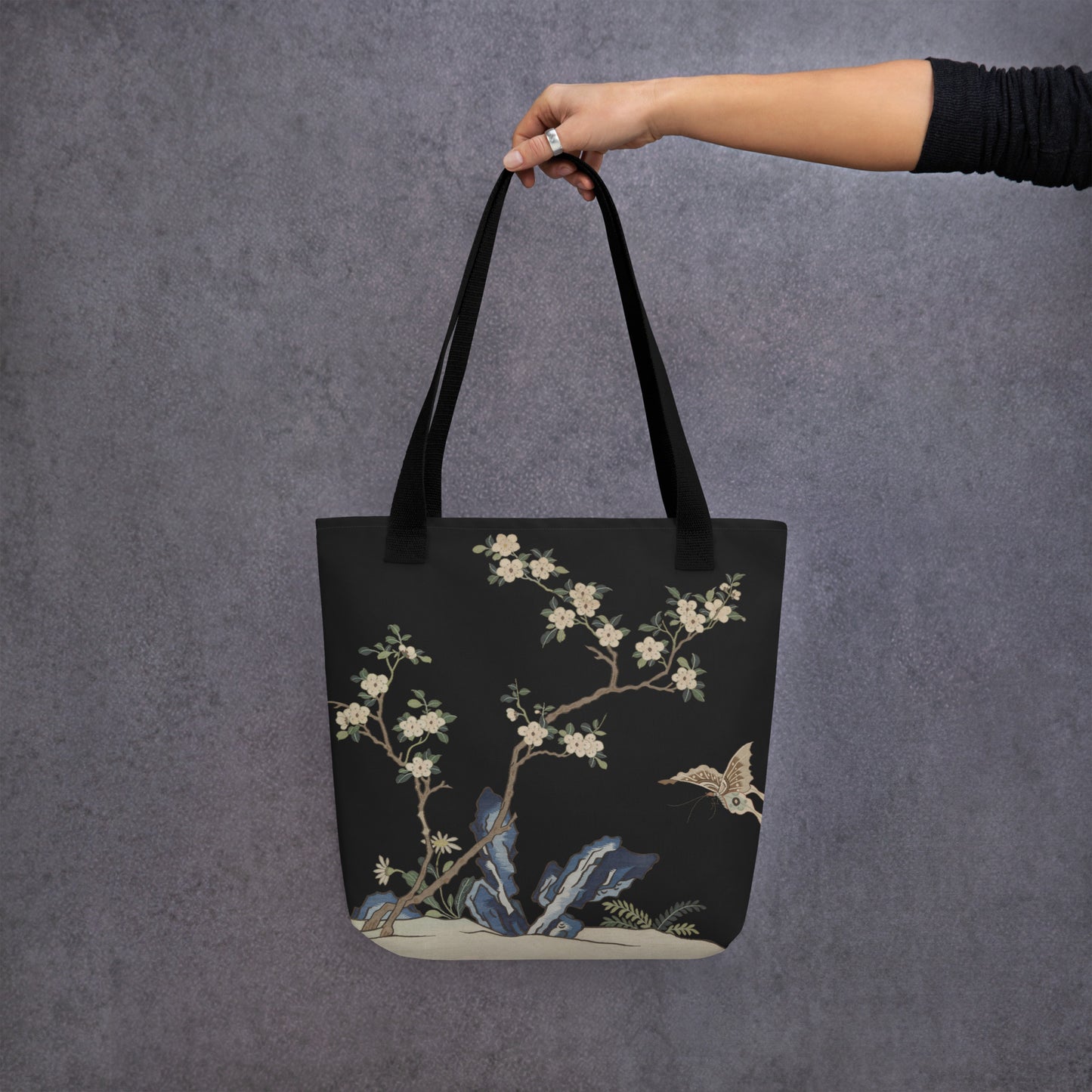 Kesi Flower Album｜White Plum Blossoms and Butterfly｜Tote bag｜Black