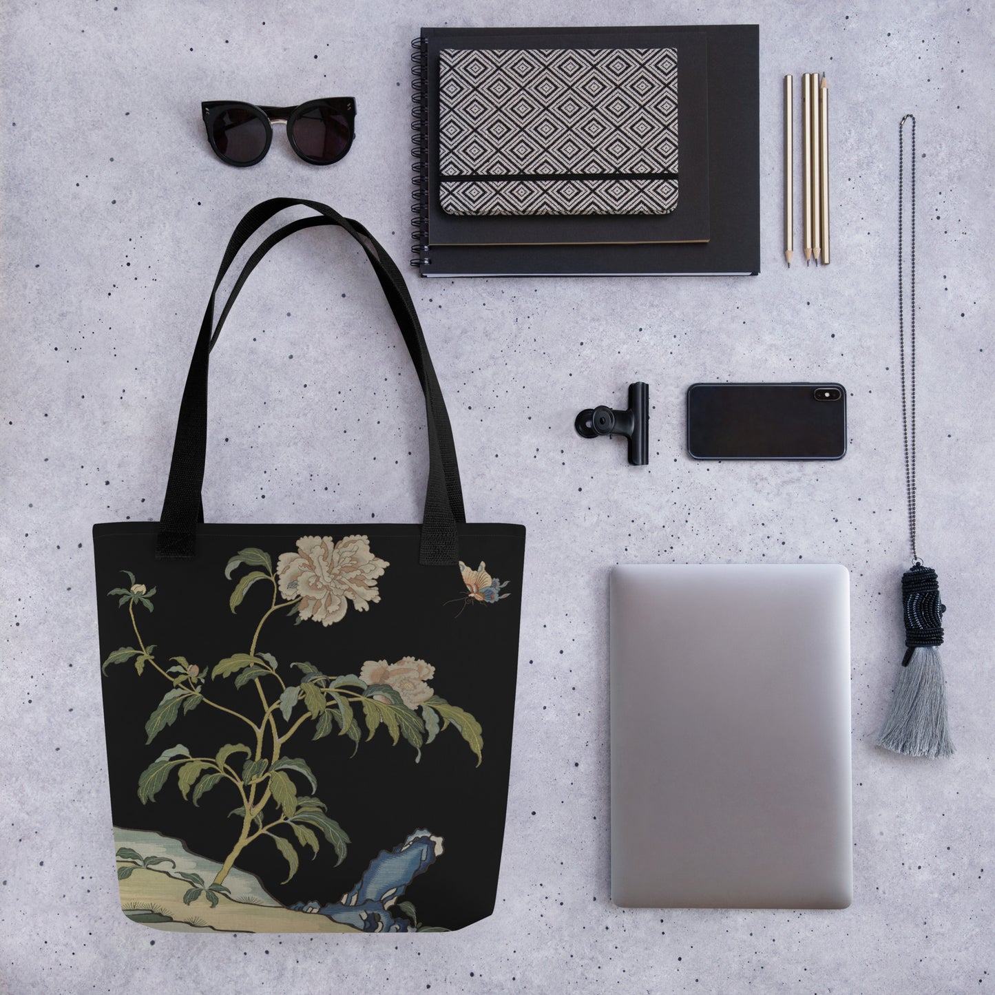 Kesi Flower Album｜Peonies and Butterfly｜Tote bag｜Black