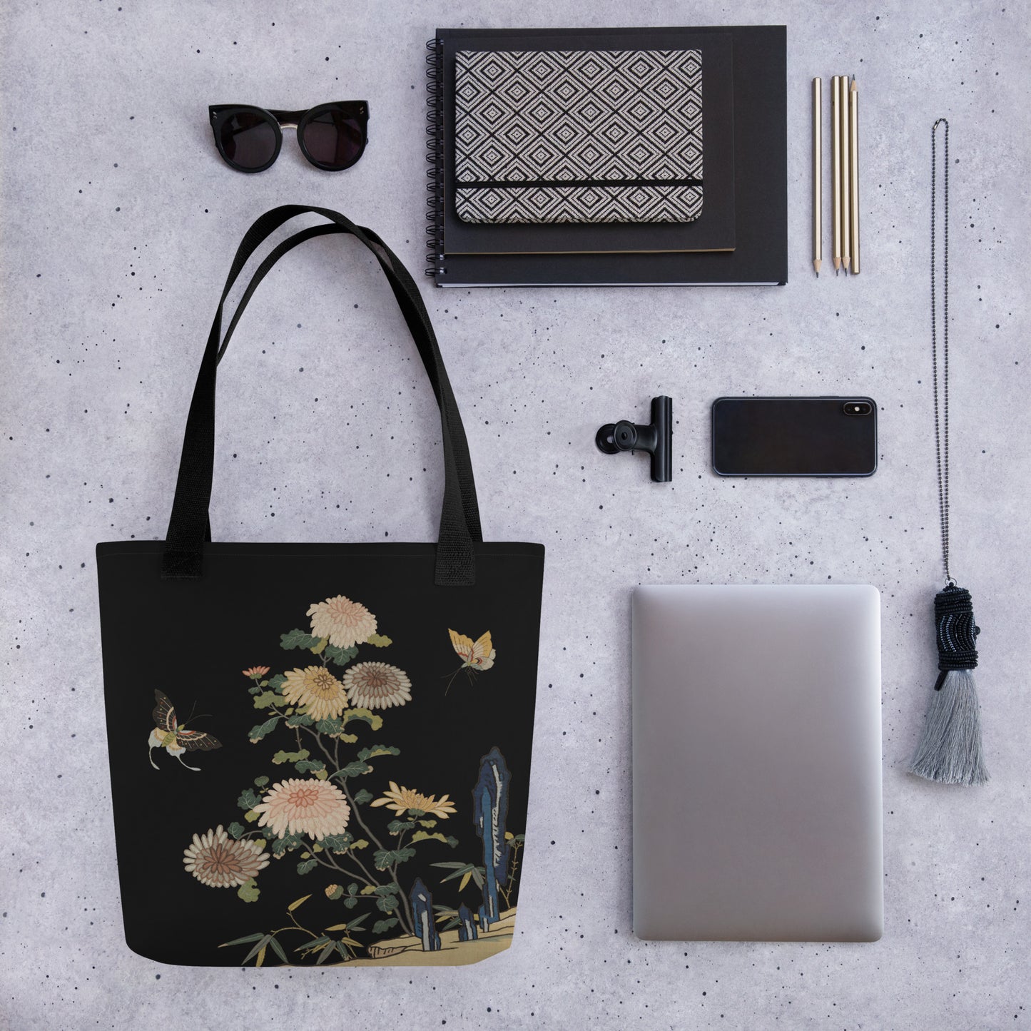 Kesi Flower Album｜Chrysanthemums and Butterflies｜Tote bag｜Black