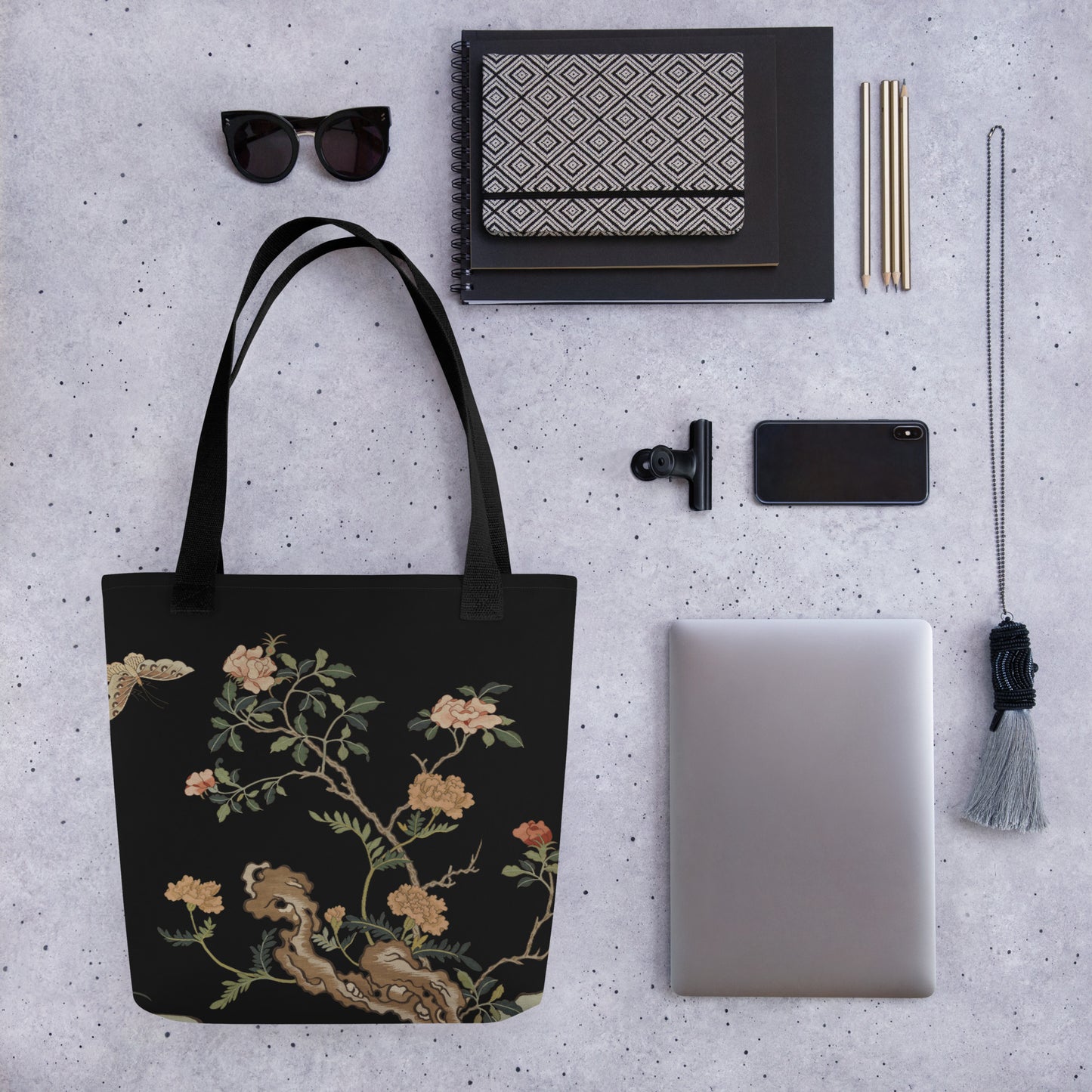 Kesi Flower Album｜Camellia and Butterfly｜Tote bag｜Black