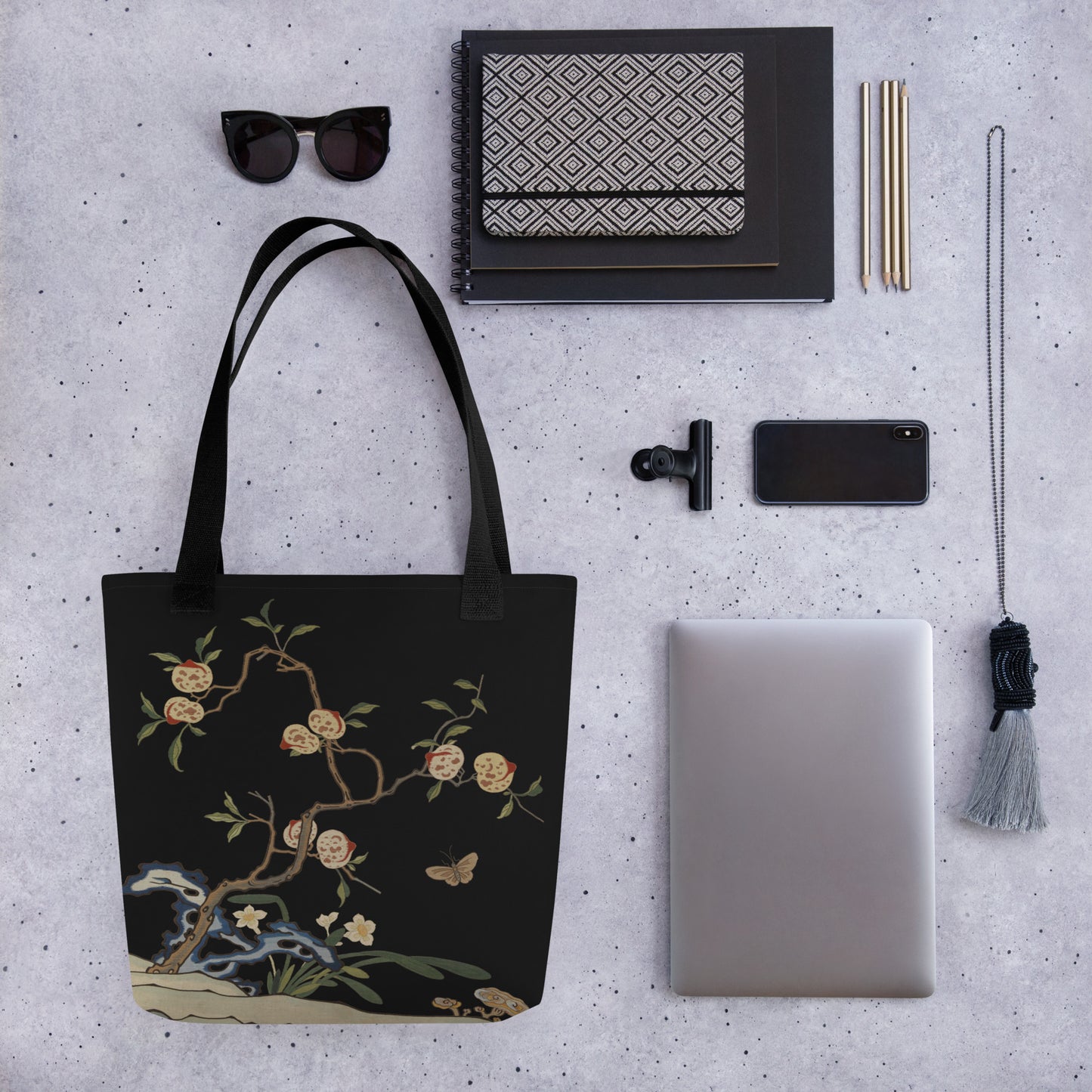 Kesi Flower Album｜Narcissus and Peaches｜Tote bag｜Black