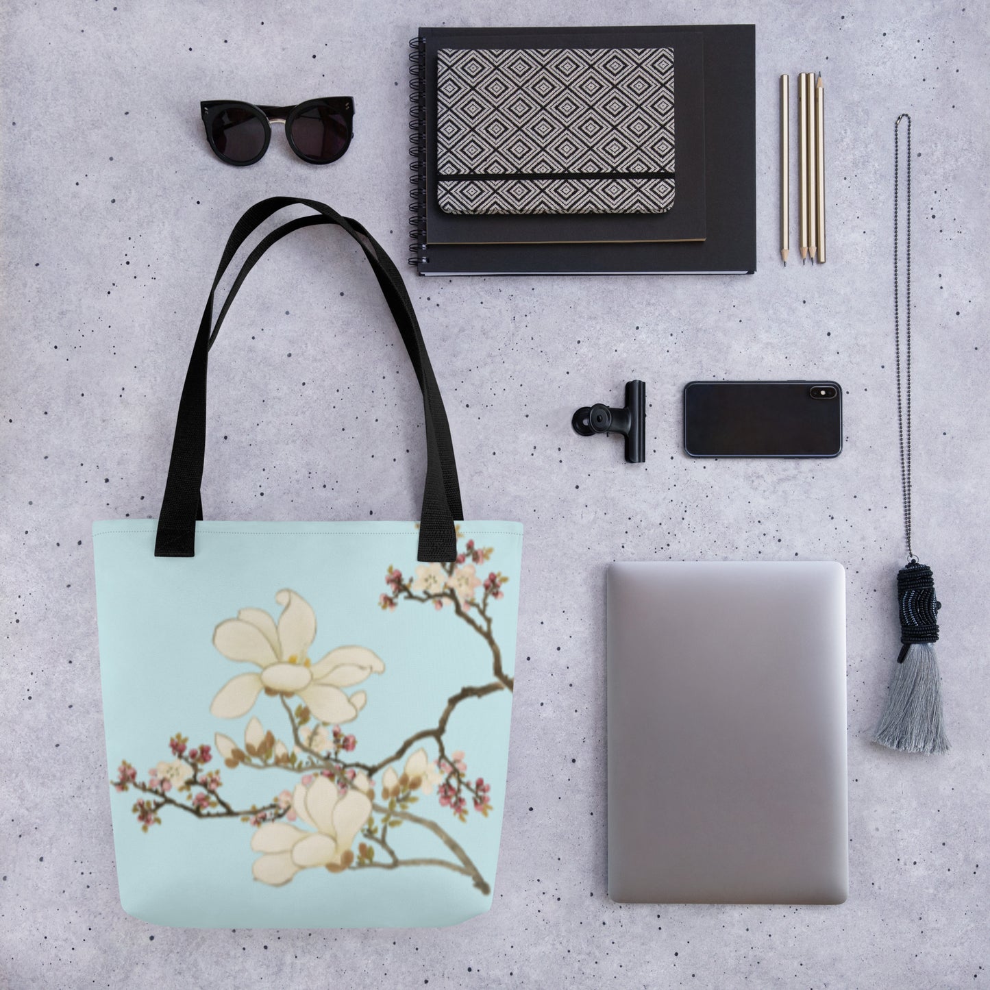 The Spirit of Flowers in Twelve Months｜Apricot and Lily Magnolia in Blossom｜Tote bag｜Aqua blue