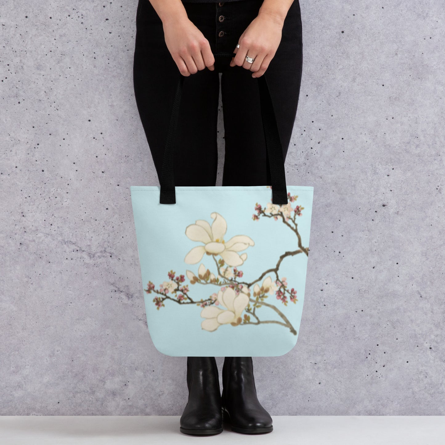 The Spirit of Flowers in Twelve Months｜Apricot and Lily Magnolia in Blossom｜Tote bag｜Aqua blue