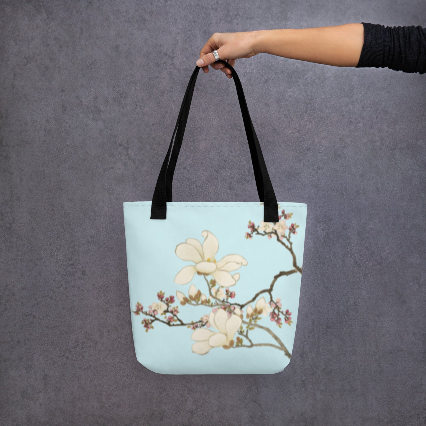 The Spirit of Flowers in Twelve Months｜Apricot and Lily Magnolia in Blossom｜Tote bag｜Aqua blue