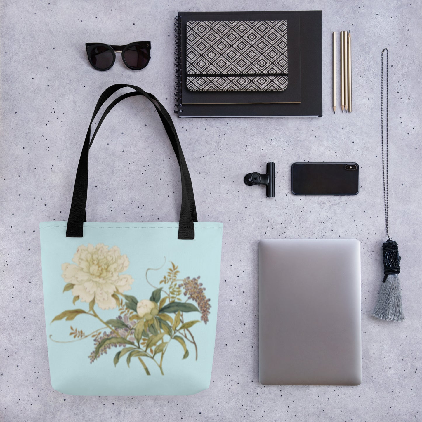 The Spirit of Flowers in Twelve Months｜Chinese Peony and Wisteria in Bloom｜Tote bag｜Aqua blue