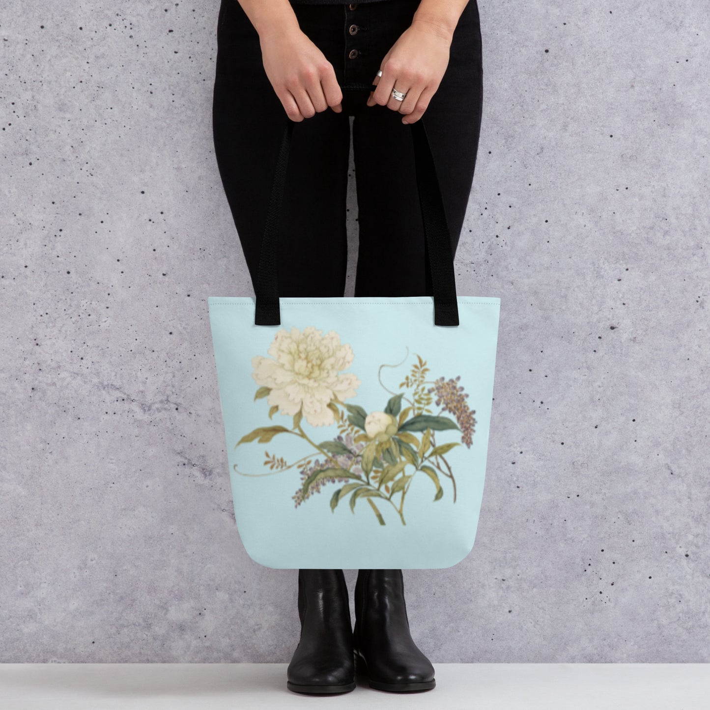 The Spirit of Flowers in Twelve Months｜Chinese Peony and Wisteria in Bloom｜Tote bag｜Aqua blue