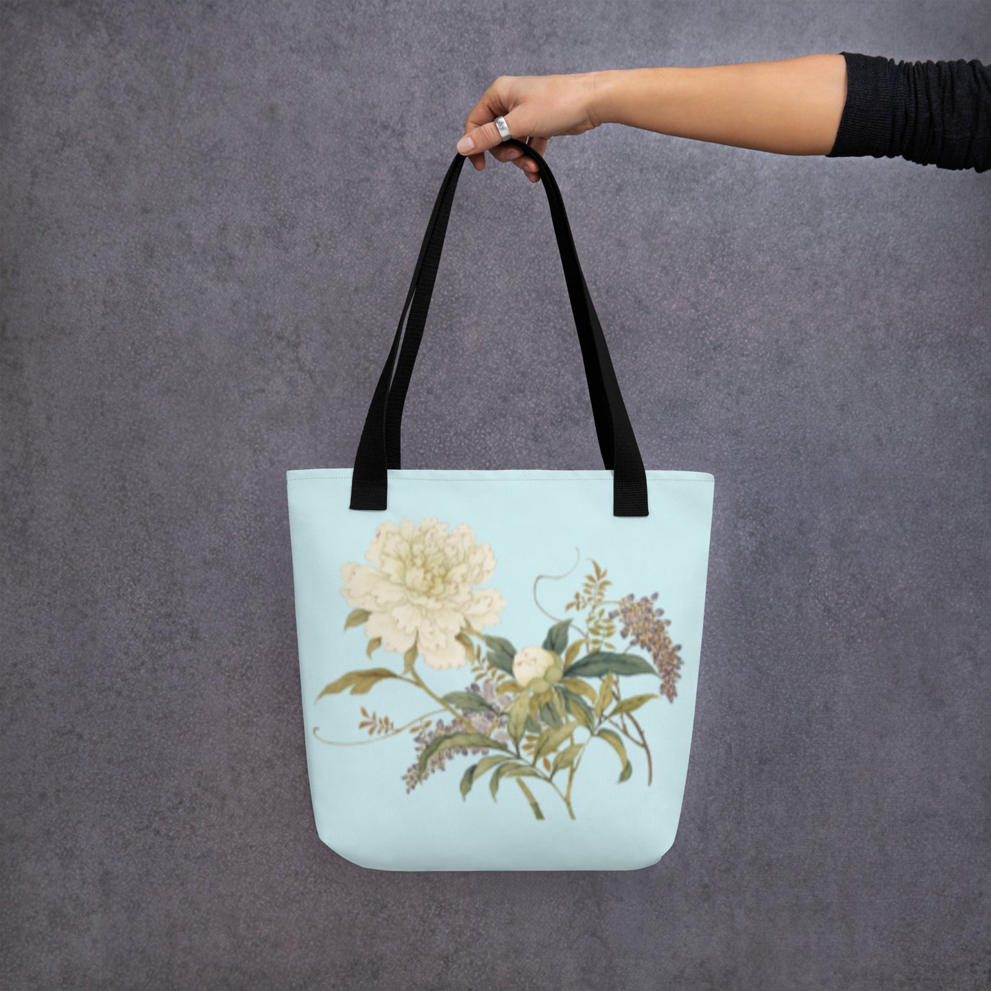 The Spirit of Flowers in Twelve Months｜Chinese Peony and Wisteria in Bloom｜Tote bag｜Aqua blue