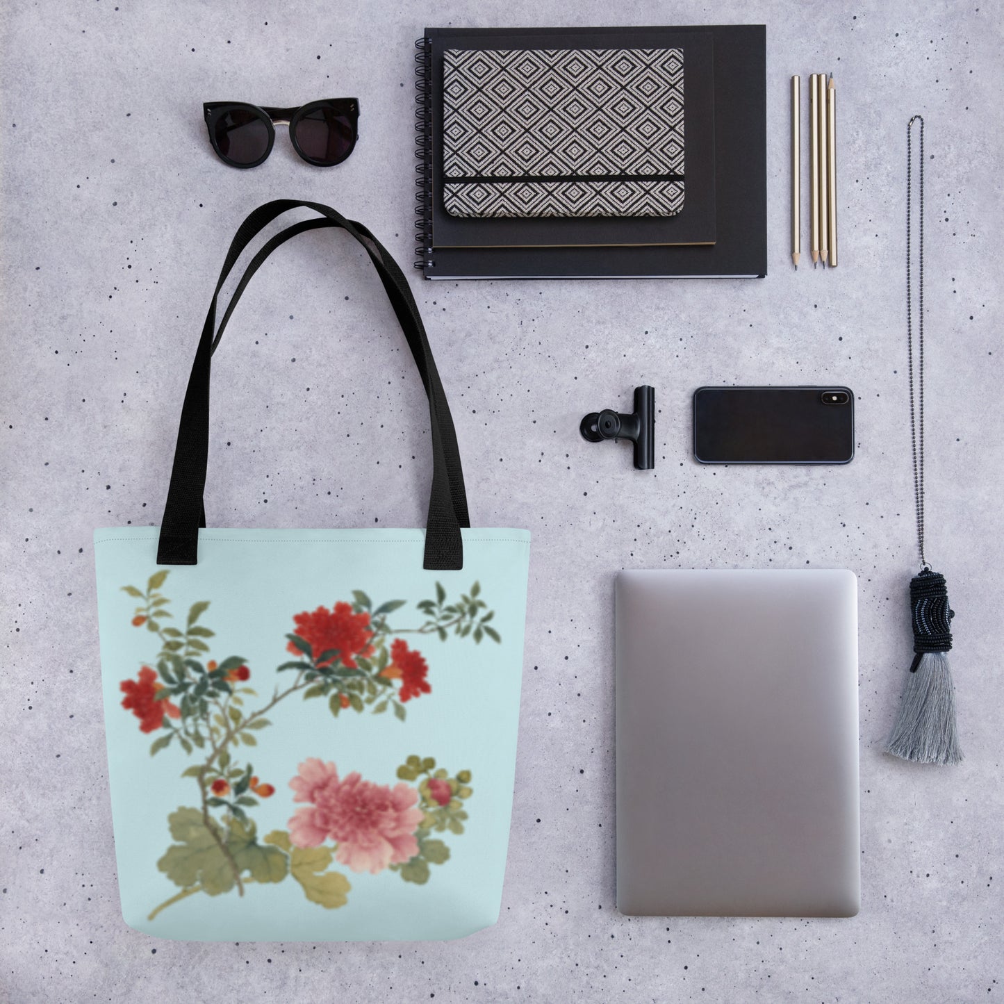 The Spirit of Flowers in Twelve Months｜Hollyhock and Pomegranate in Bloom｜Tote bag｜Aqua blue