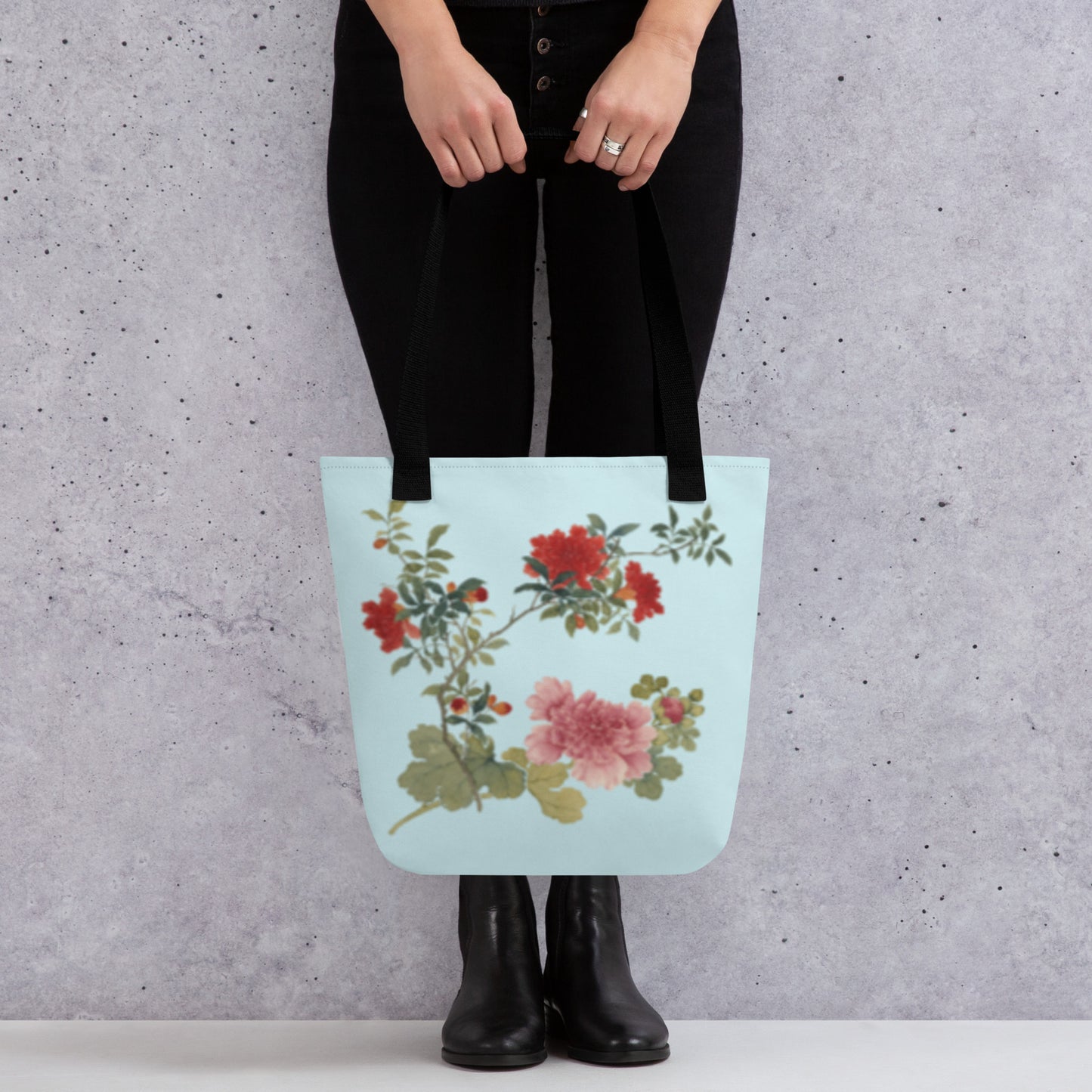 The Spirit of Flowers in Twelve Months｜Hollyhock and Pomegranate in Bloom｜Tote bag｜Aqua blue