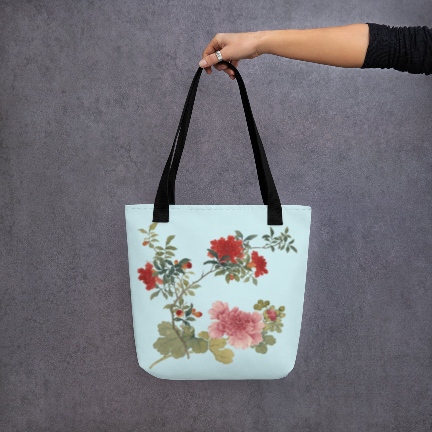 The Spirit of Flowers in Twelve Months｜Hollyhock and Pomegranate in Bloom｜Tote bag｜Aqua blue