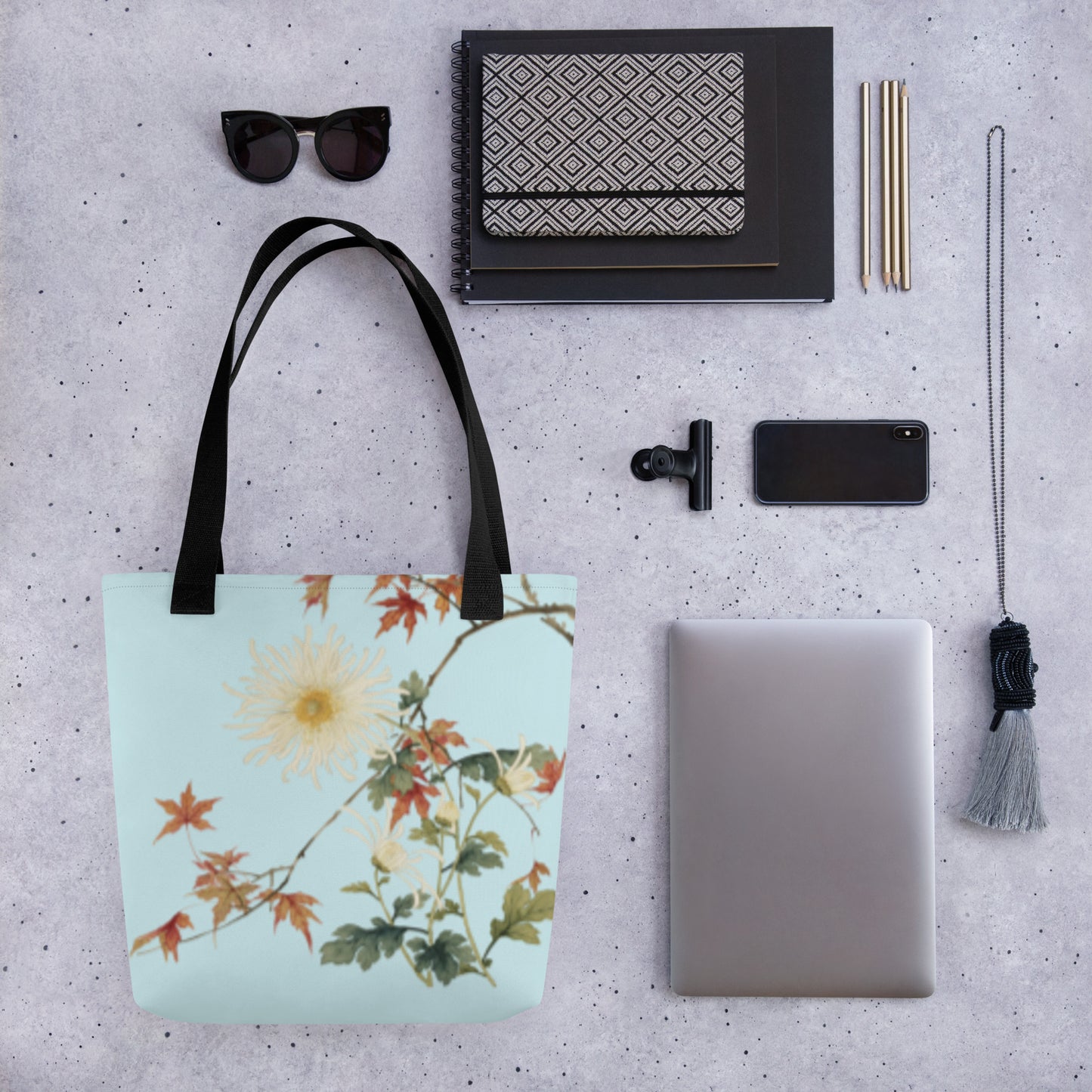 The Spirit of Flowers in Twelve Months｜Blooming Chrysanthemum and Maple Leaves｜Tote bag｜Aqua blue