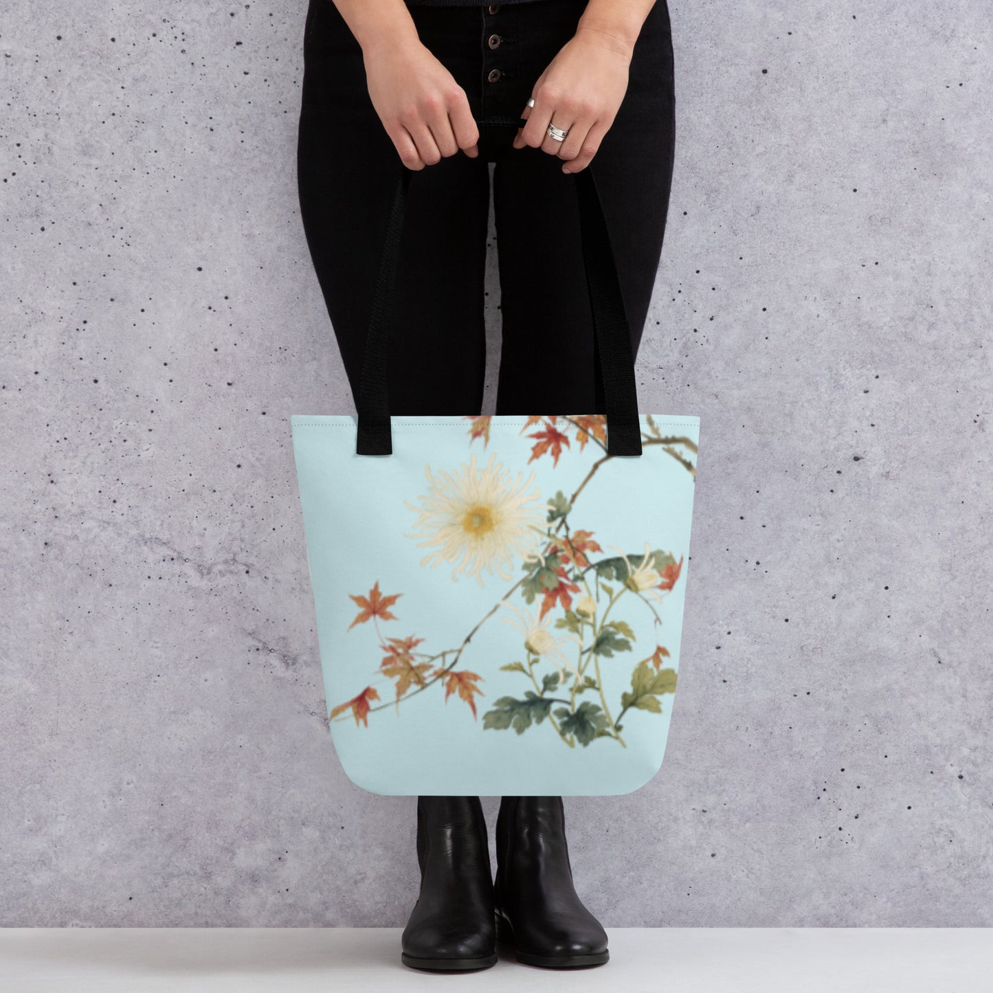 The Spirit of Flowers in Twelve Months｜Blooming Chrysanthemum and Maple Leaves｜Tote bag｜Aqua blue