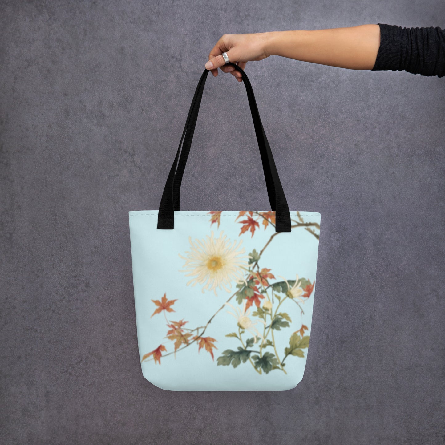 The Spirit of Flowers in Twelve Months｜Blooming Chrysanthemum and Maple Leaves｜Tote bag｜Aqua blue