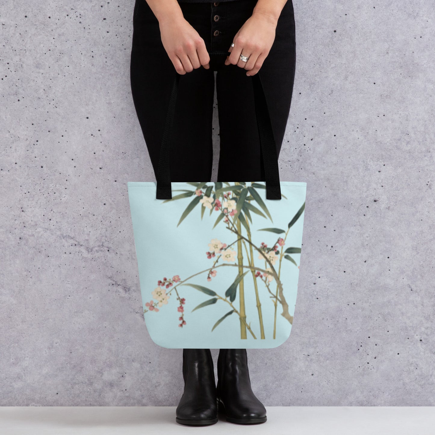 The Spirit of Flowers in Twelve Months｜Crimson Plum Blossom and Lush Green Bamboo｜Tote bag｜Aqua blue